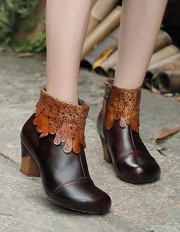 Handmade Leather Women's Retro Shoes Chunky Heels