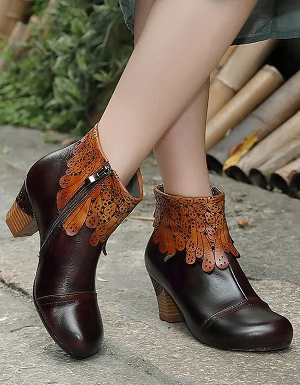 Handmade Leather Women's Retro Shoes Chunky Heels