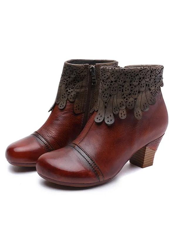 Handmade Leather Women's Retro Shoes Chunky Heels