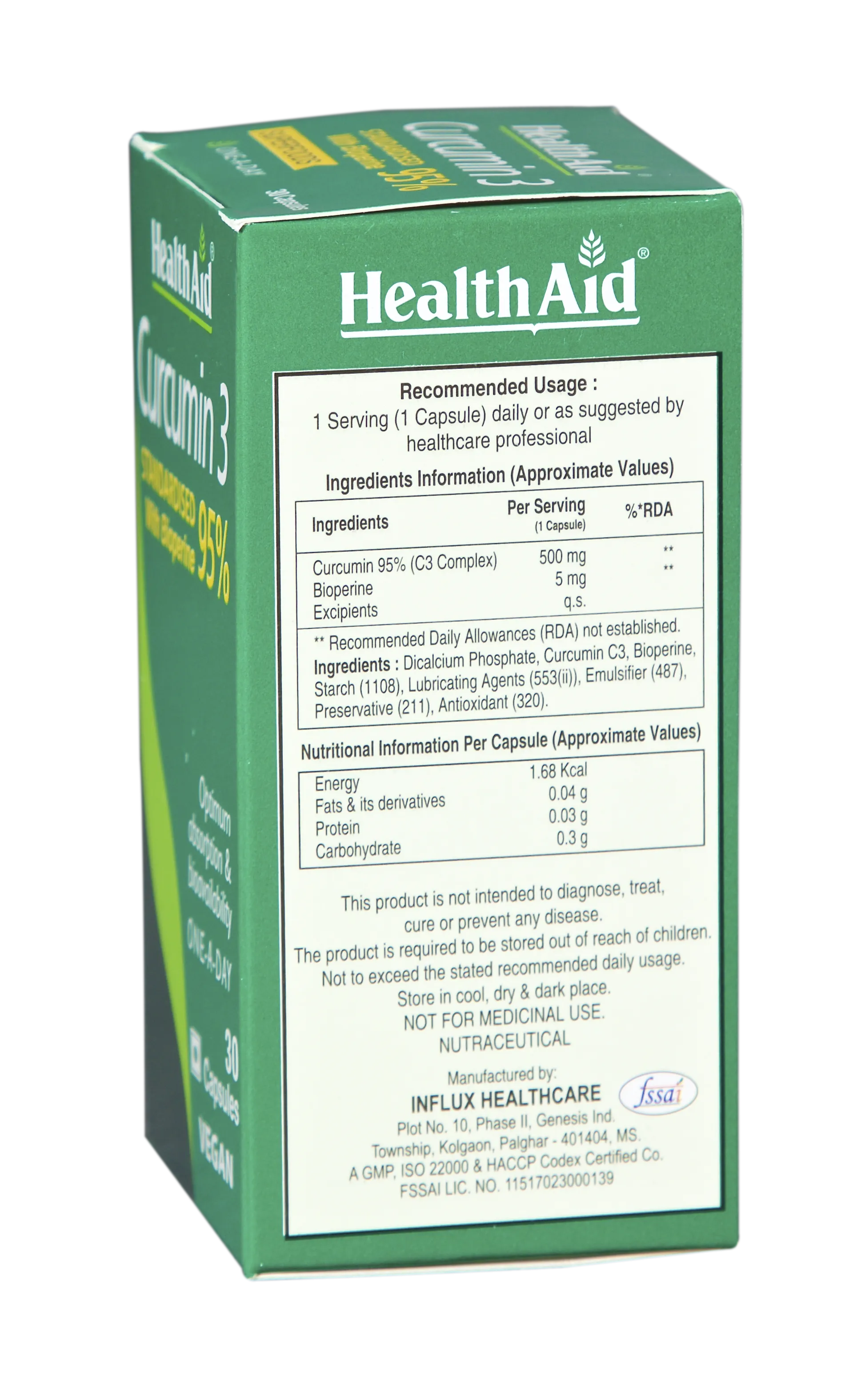 HealthAid I Curcumin 3 I Standardised with Bioperine 95% I 30 Capsules