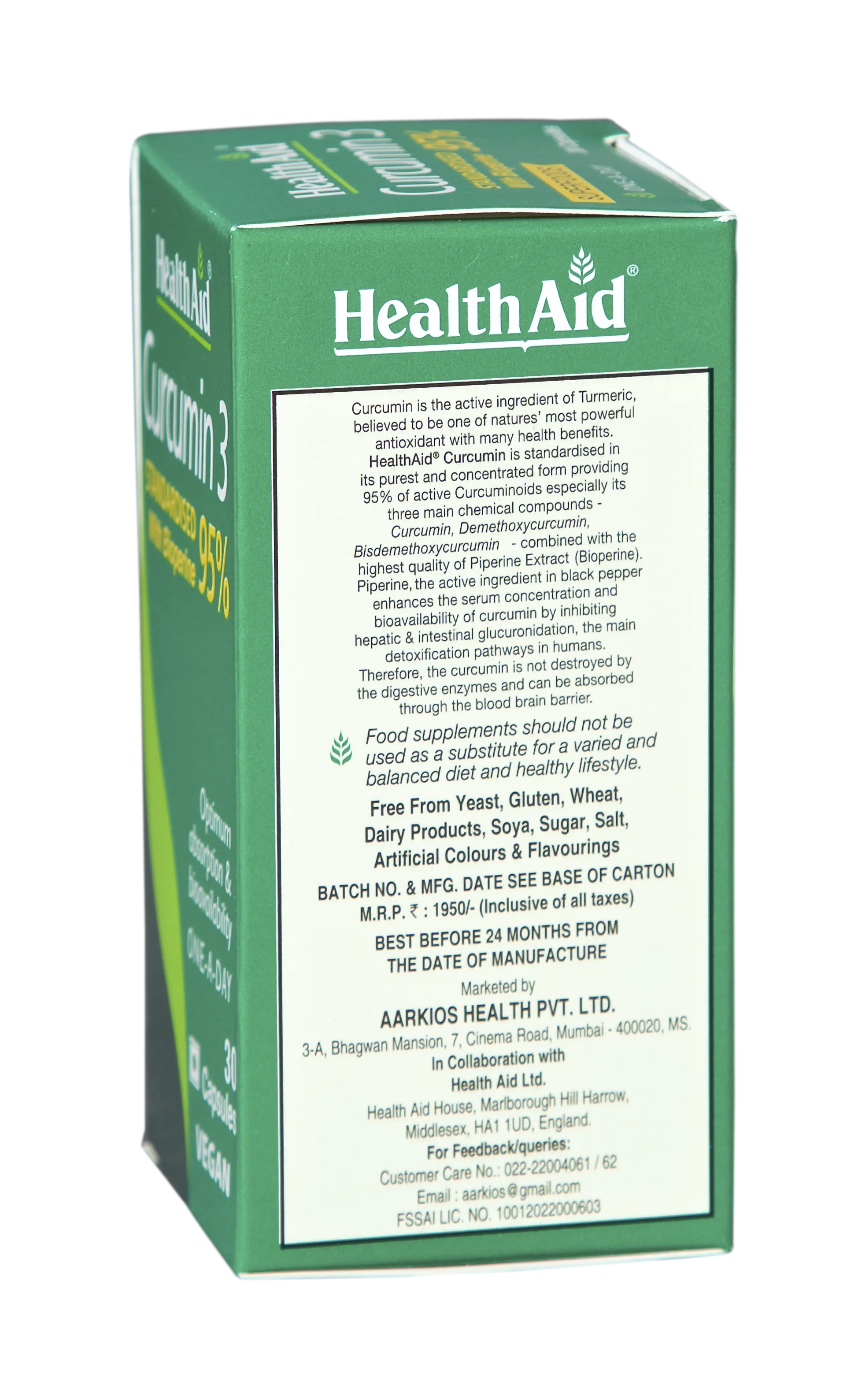 HealthAid I Curcumin 3 I Standardised with Bioperine 95% I 30 Capsules