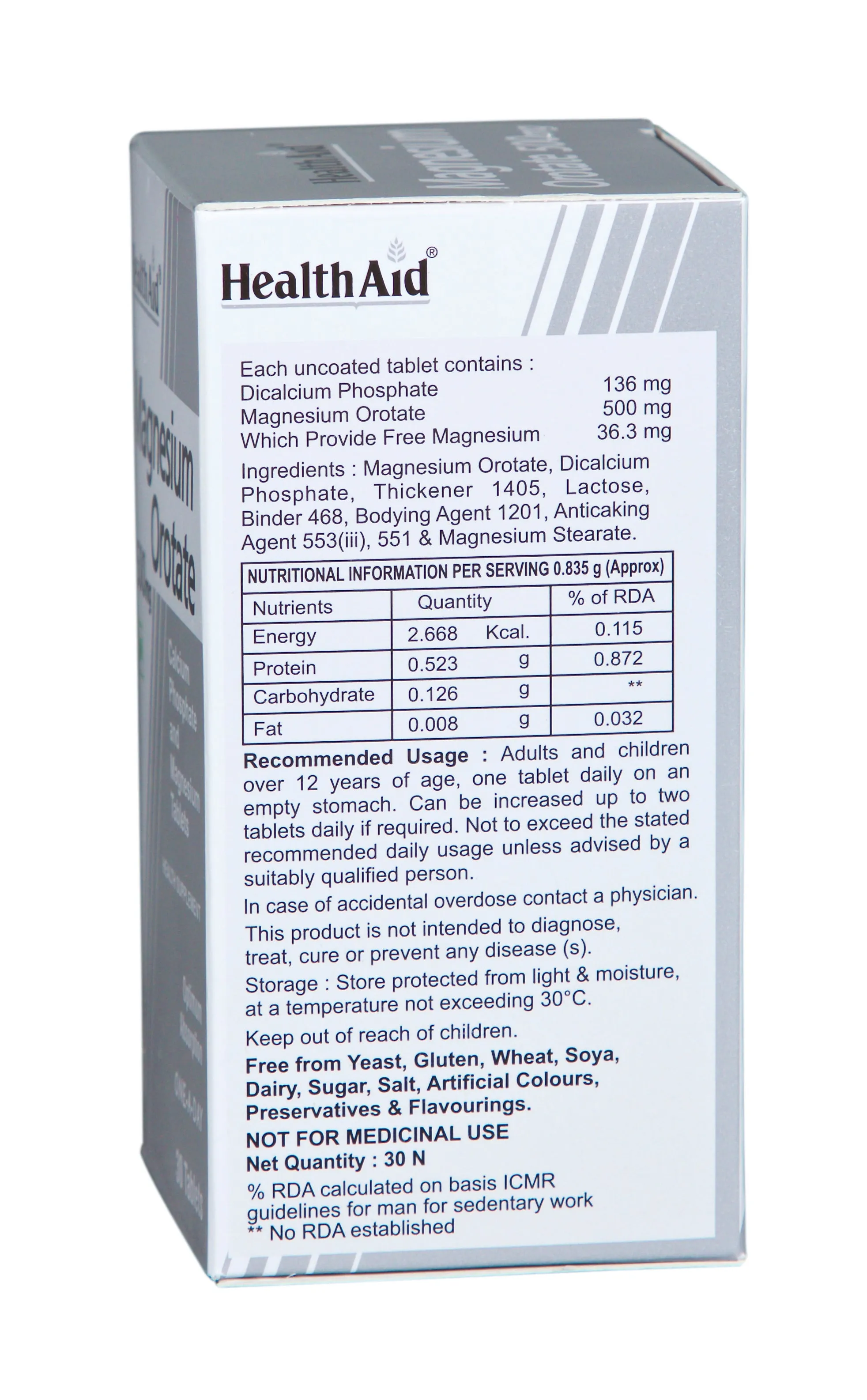 HealthAid I Magnesium I Orotate 500 mg I 30 Tablets