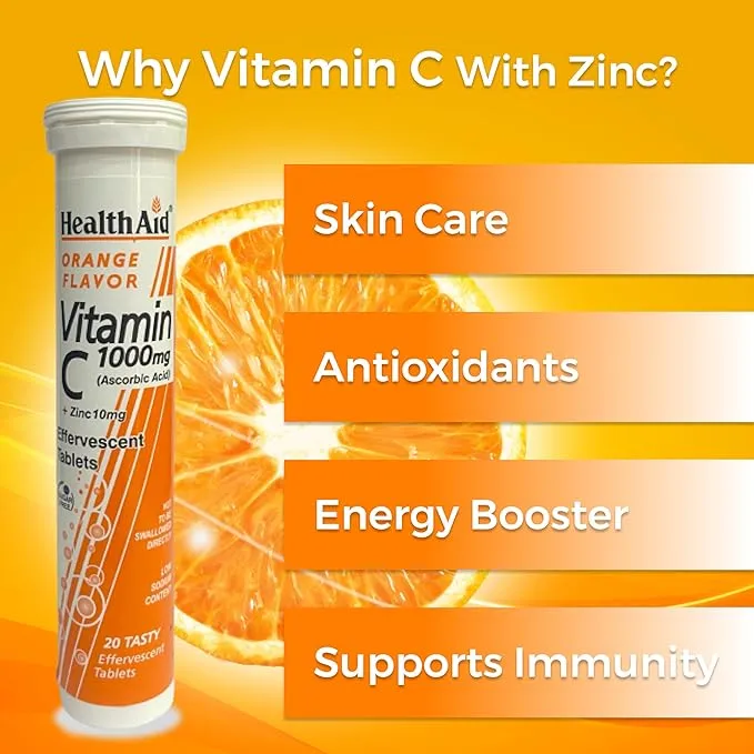 HealthAid I Vitamin C 1000mg I Orange Flavour with Zinc 20 I Effervescent Tablets