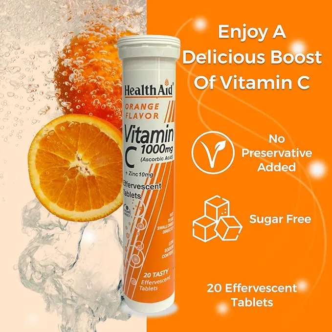 HealthAid I Vitamin C 1000mg I Orange Flavour with Zinc 20 I Effervescent Tablets