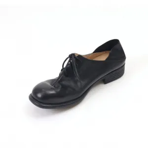 Horse Leather Derby Shoes Retro Round Toe Low Block Heel Lace Up Leather Shoes Black/White