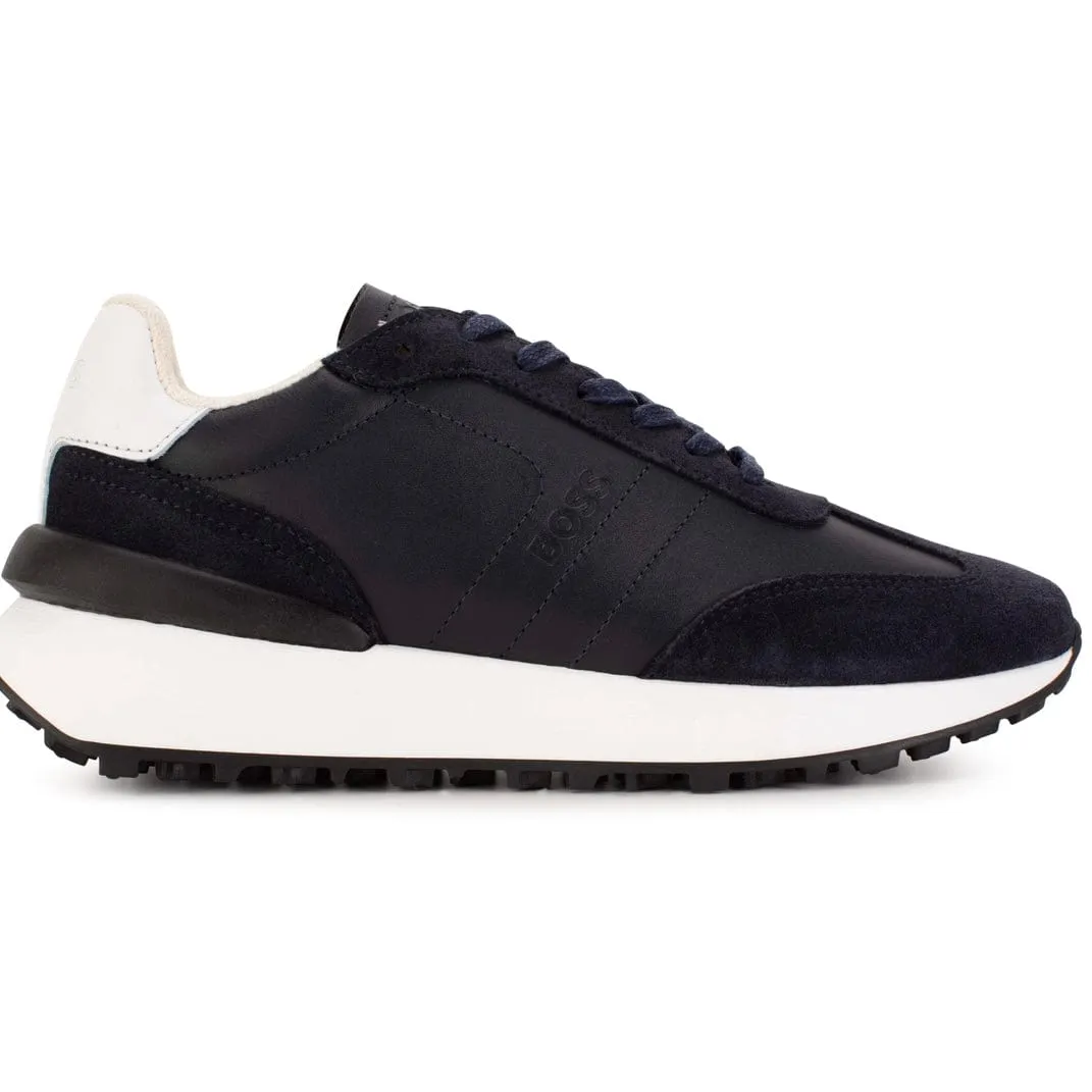 HUGO BOSS - Lace Up Leather Trainers -  Navy