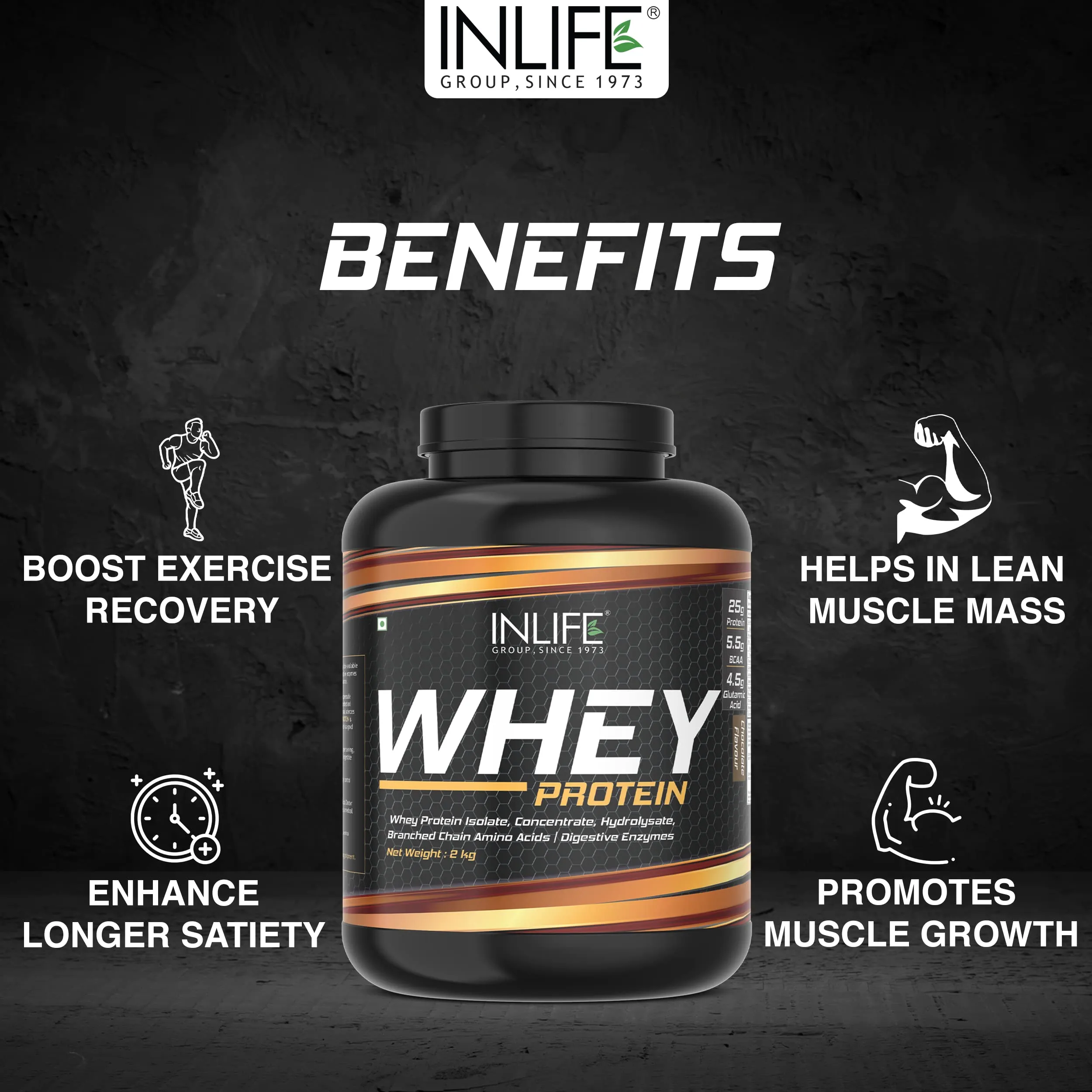 INLIFE Whey Protein Powder | Blend of Isolate Concentrate Hydrolysate | Sports Nutrition Workout Drink, Muscle Food, Body Building Supplement (Chocolate, 2kg)