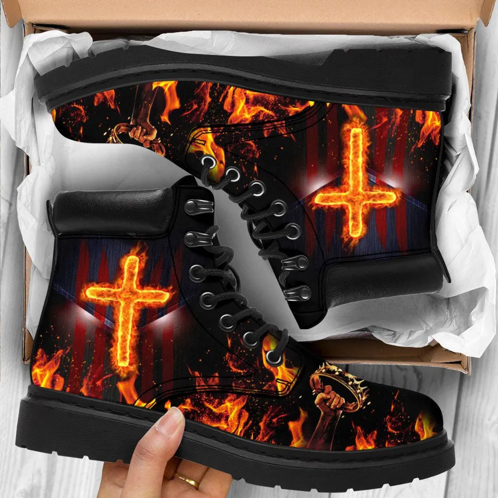 Jesus Fire Cross Leather Boots - Christian Shoes For Men And Women