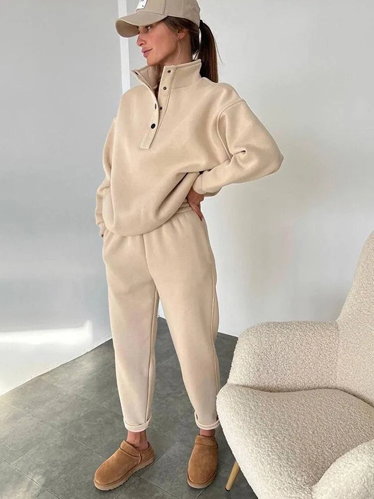 Joskaa 2024 Winter Fleece Sweatshirt Sets Women Solid Two Piece Sets Casual Buttons Stand Collar Loose Pullover High Waist Sports Pants