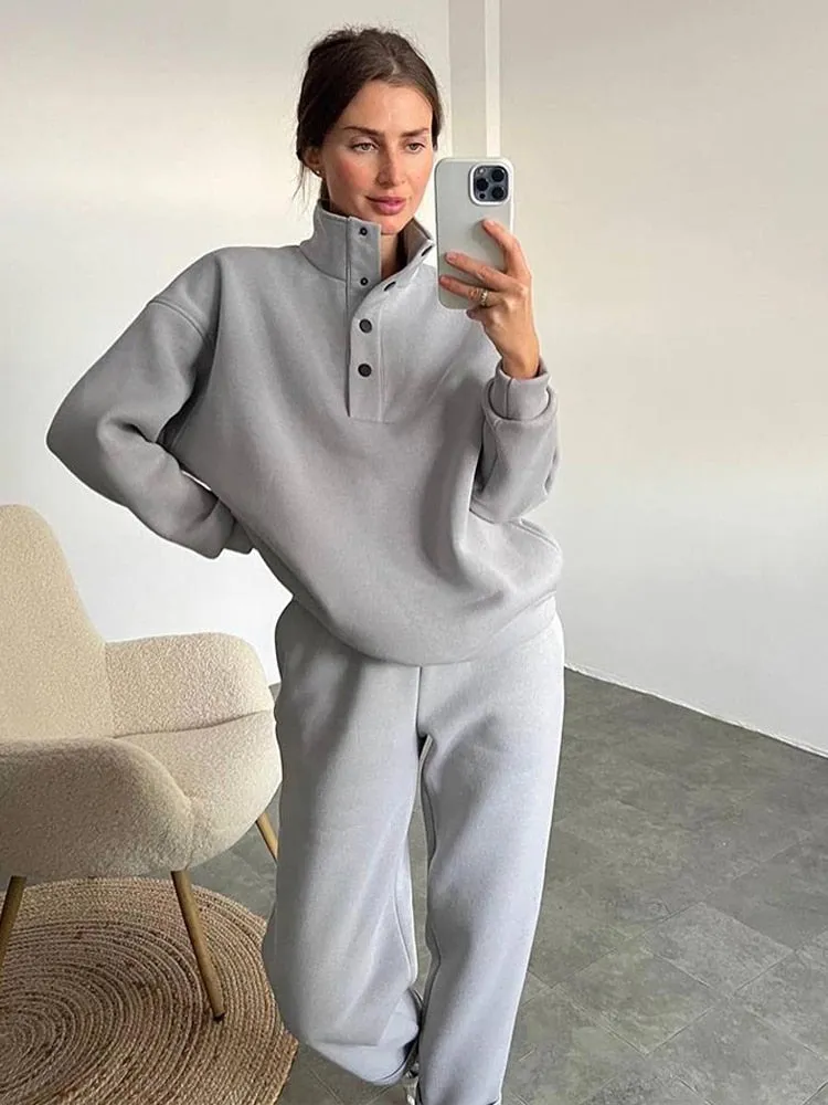 Joskaa 2024 Winter Fleece Sweatshirt Sets Women Solid Two Piece Sets Casual Buttons Stand Collar Loose Pullover High Waist Sports Pants