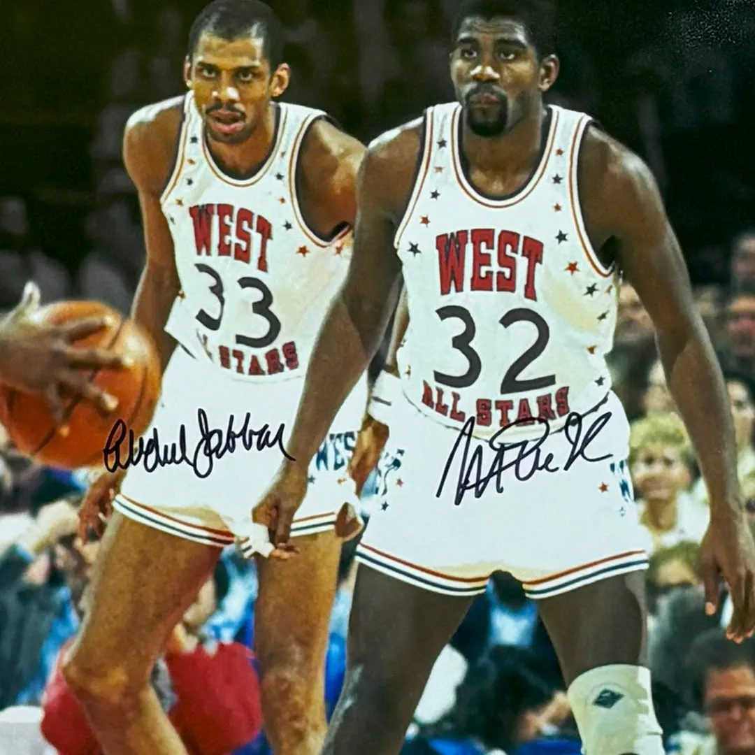 Kareem Abdul-Jabbar and Magic Johnson Hand Signed & Framed All-Star 16x20 Basketball Photo