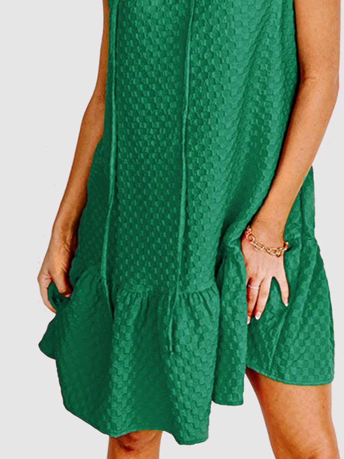 Kelly Green Ruffled Cap Sleeve Tie Neck Checkered Mini Summer Dress