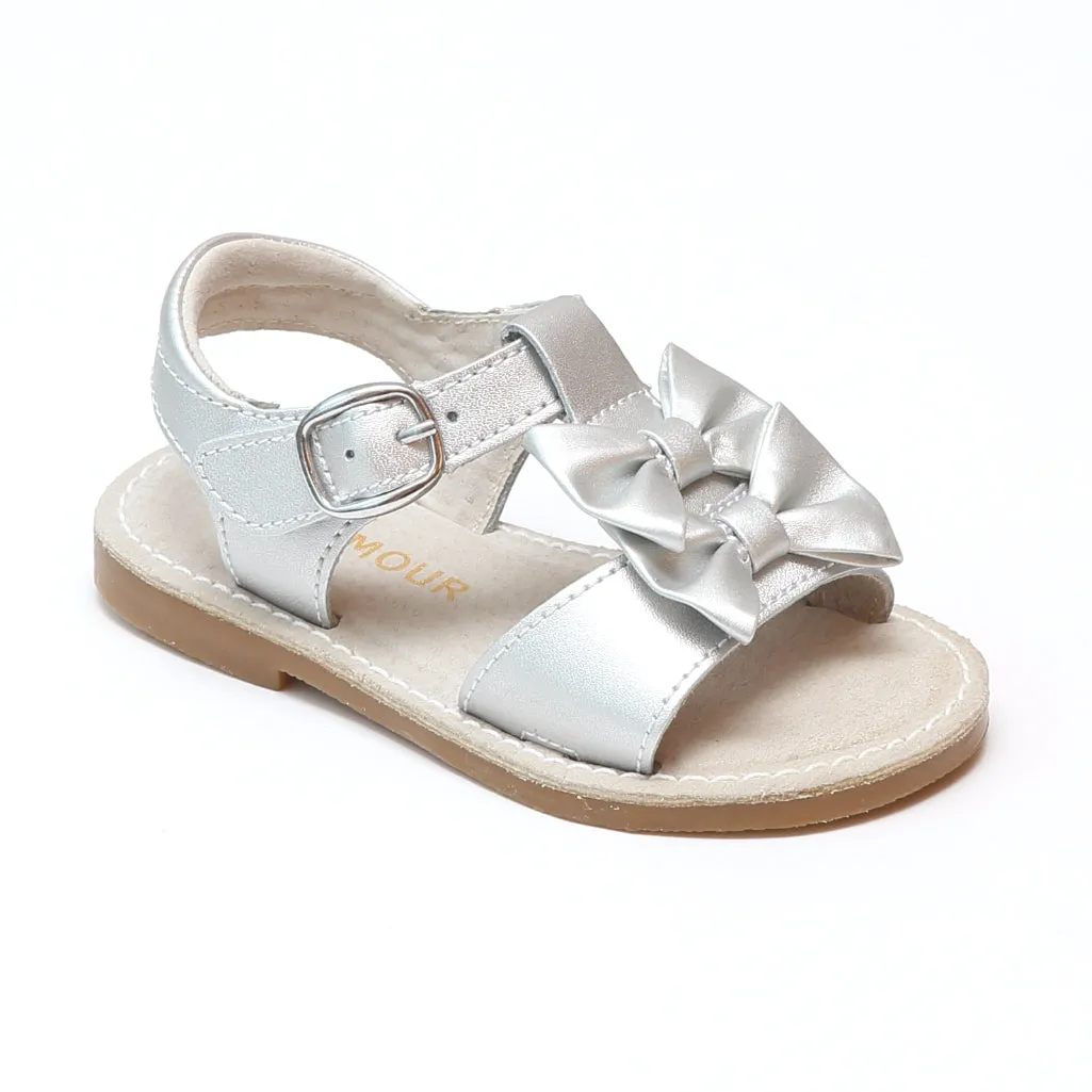 L'Amour Girls Serena Double Bow Open Toe Leather Sandals