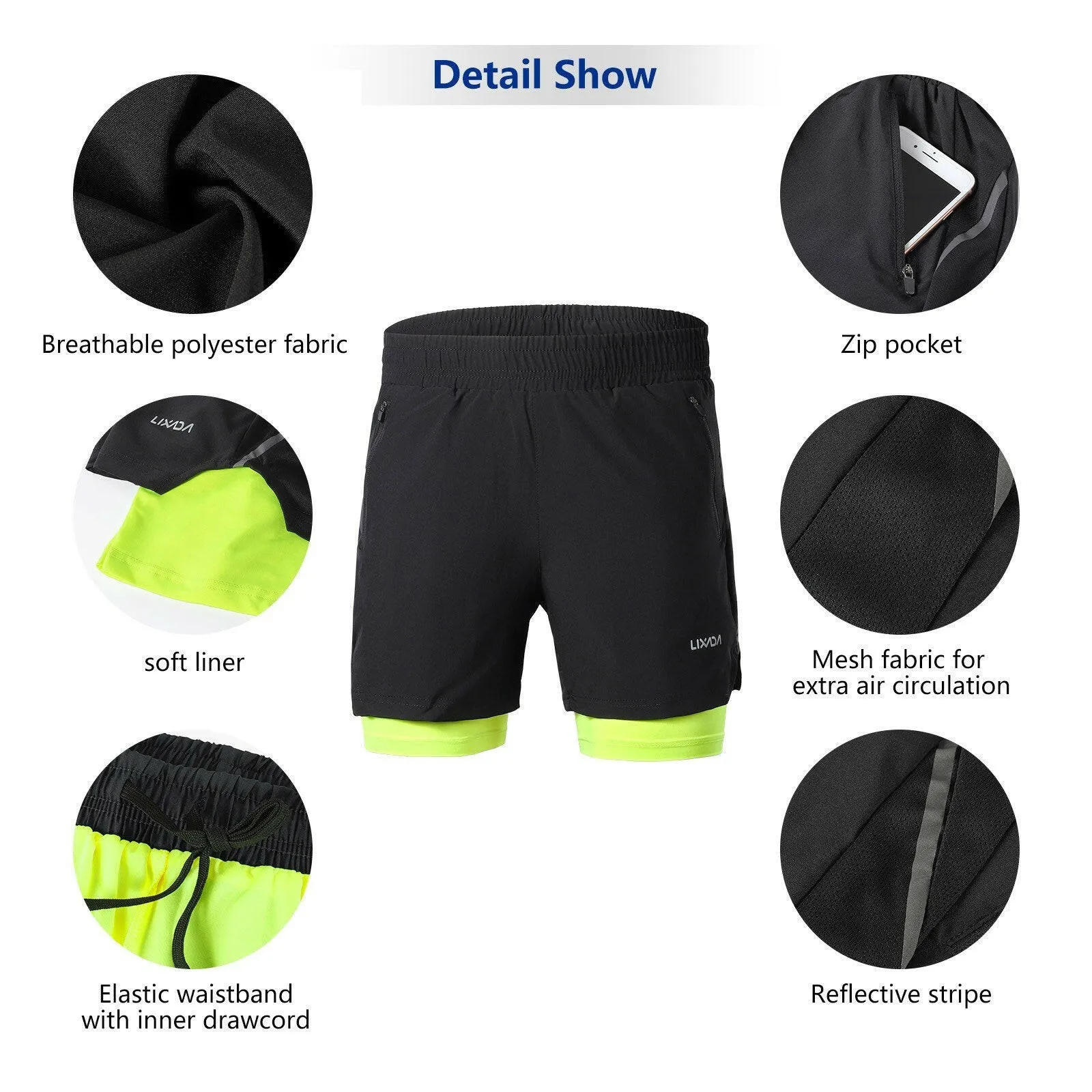 Lixada Men 2 in 1 Running Shorts Quick Drying Breathable Active Training Exercise Jogging Marathon Cycling Shorts