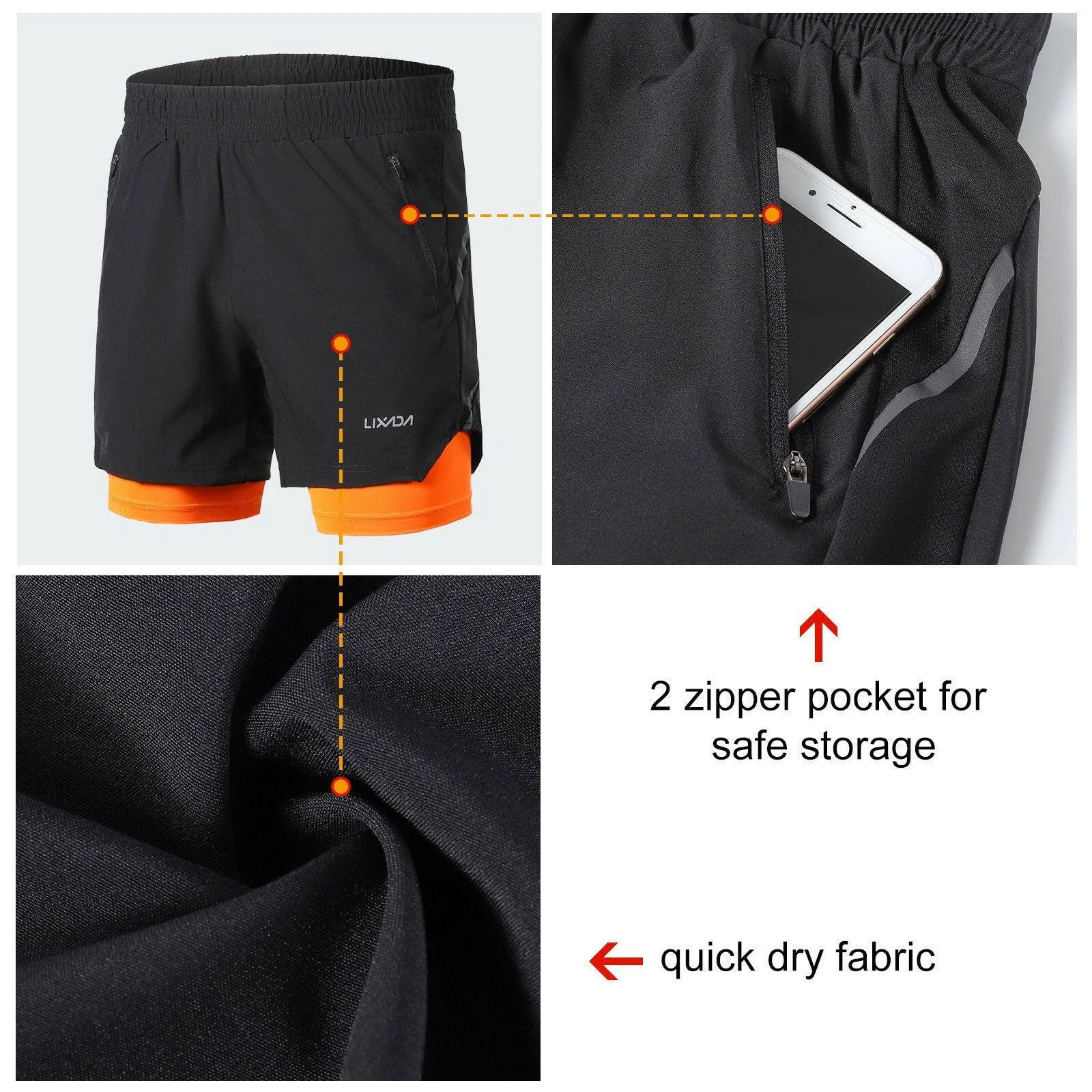 Lixada Men 2 in 1 Running Shorts Quick Drying Breathable Active Training Exercise Jogging Marathon Cycling Shorts