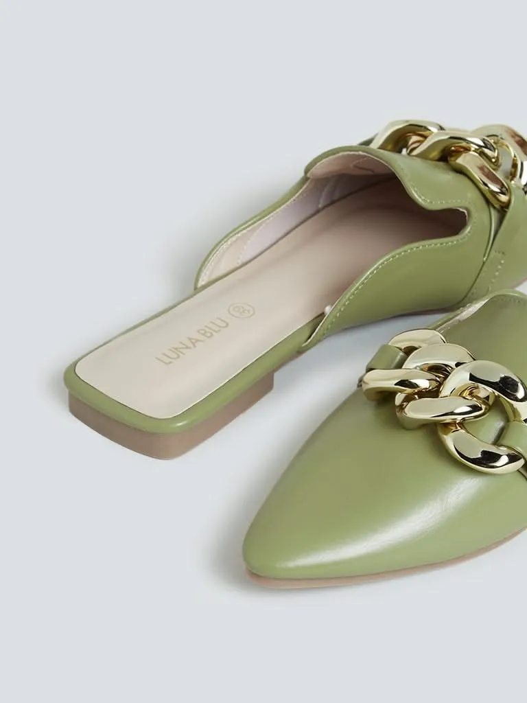 LUNA BLU Khaki Chain-Detailed Mules