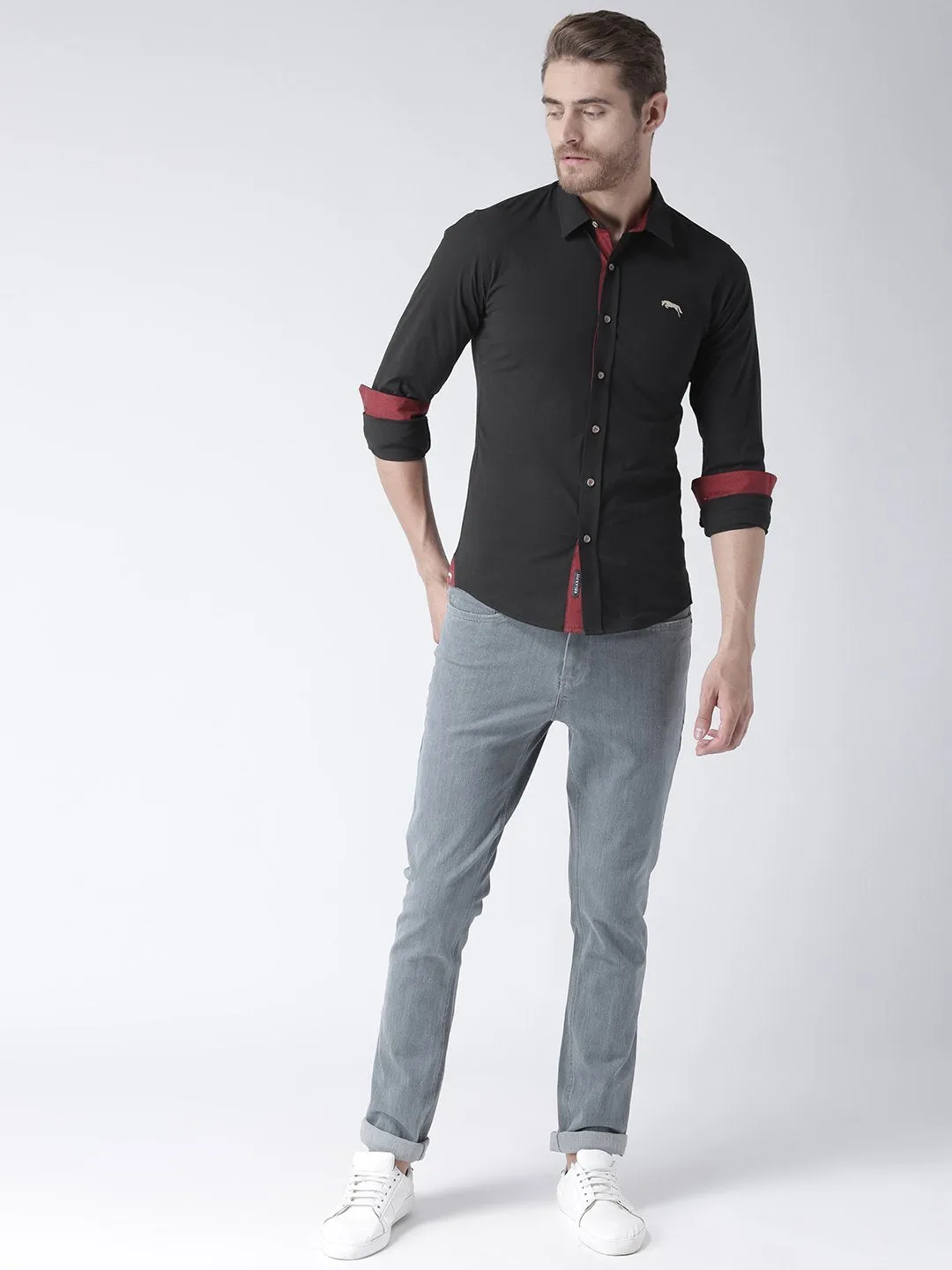 Men Black Solid Cotton Regular Fit Shirt