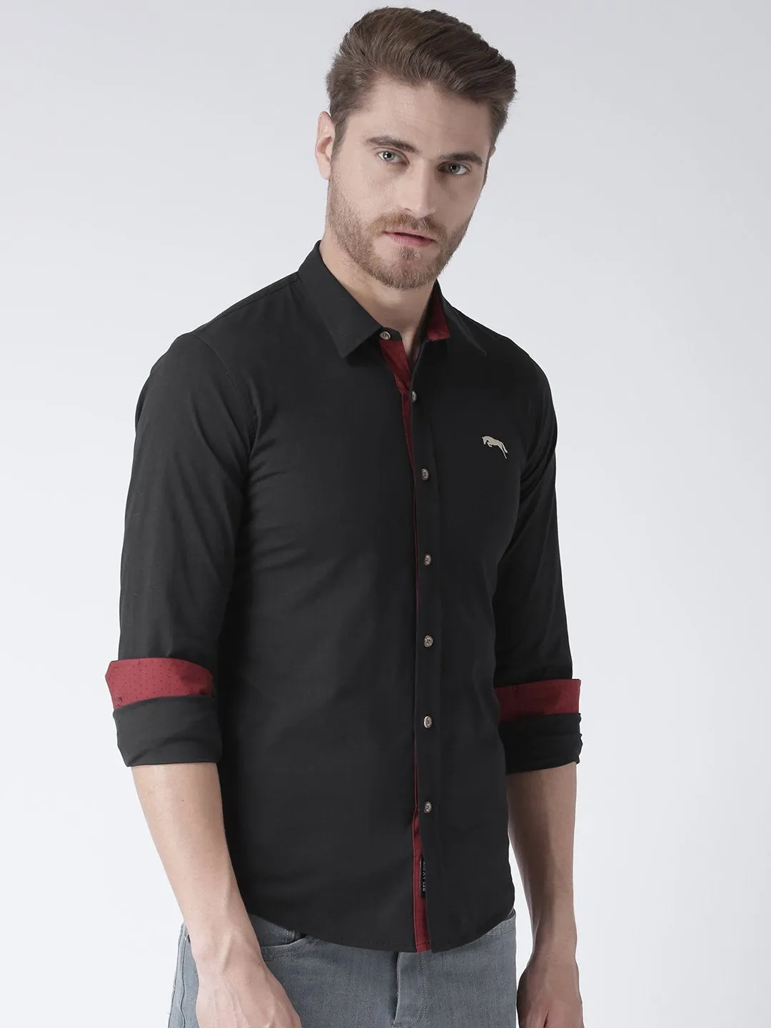 Men Black Solid Cotton Regular Fit Shirt