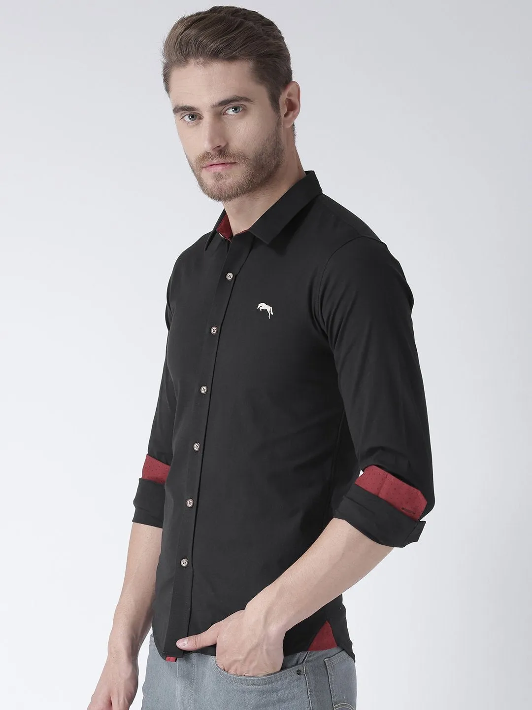 Men Black Solid Cotton Regular Fit Shirt