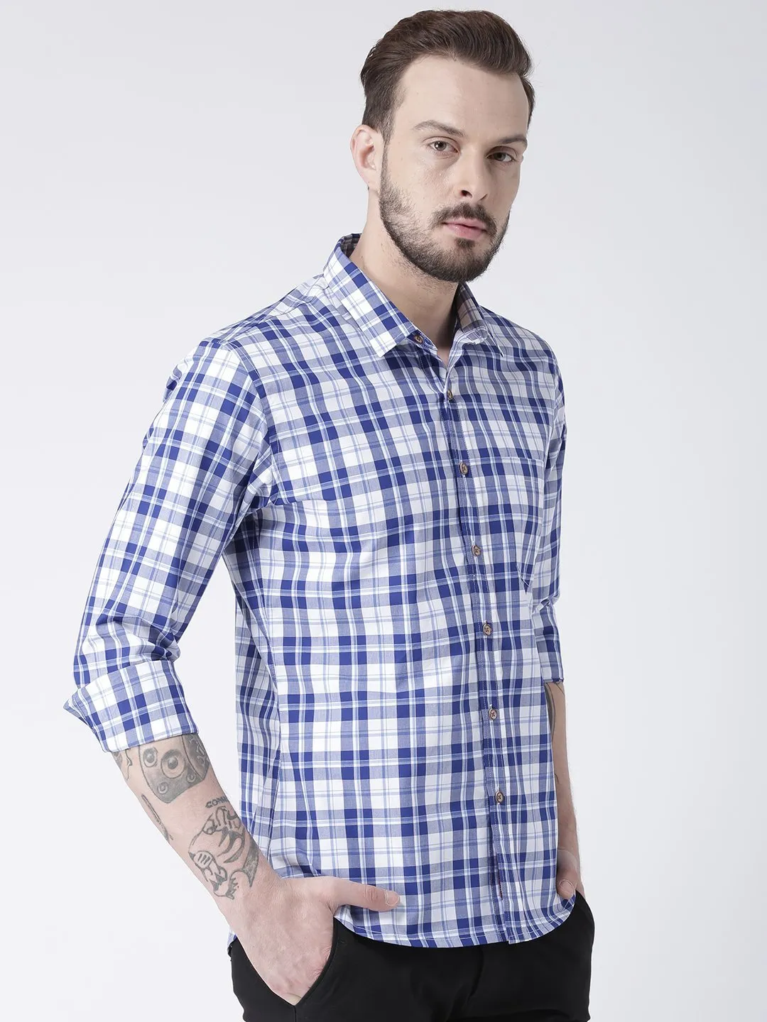 Men Navy Blue Checked Cotton Slim Fit Shirt