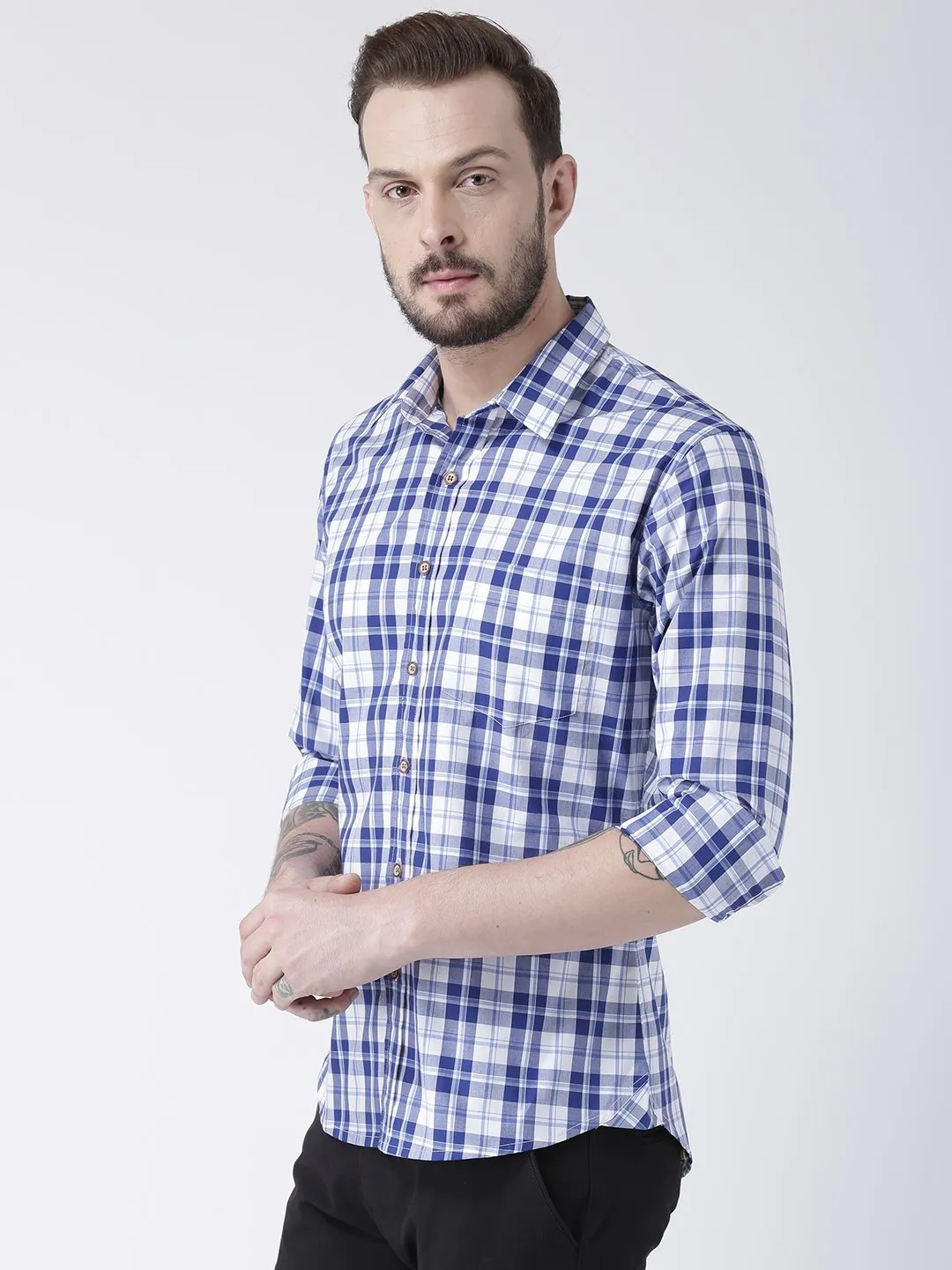 Men Navy Blue Checked Cotton Slim Fit Shirt