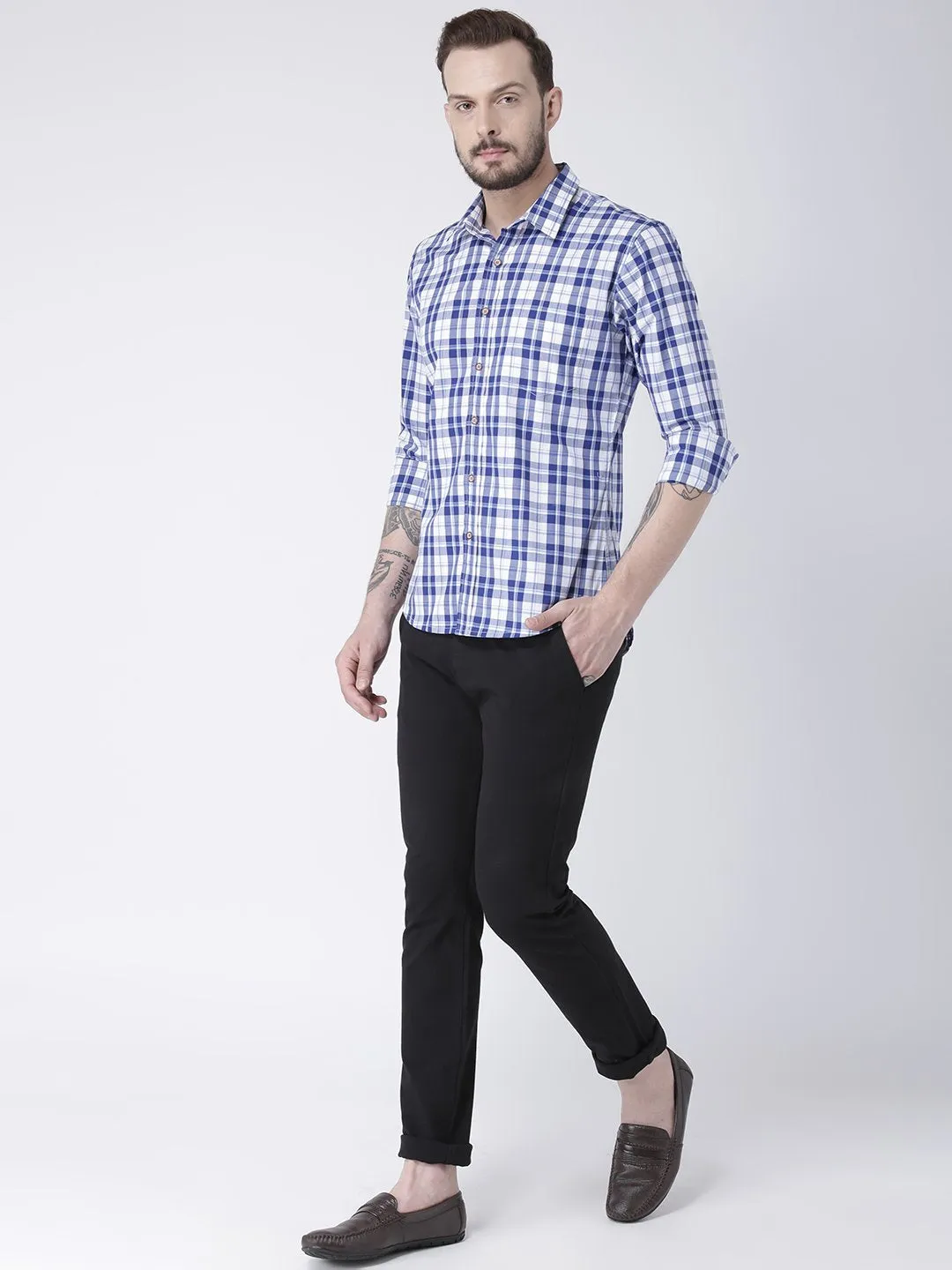 Men Navy Blue Checked Cotton Slim Fit Shirt