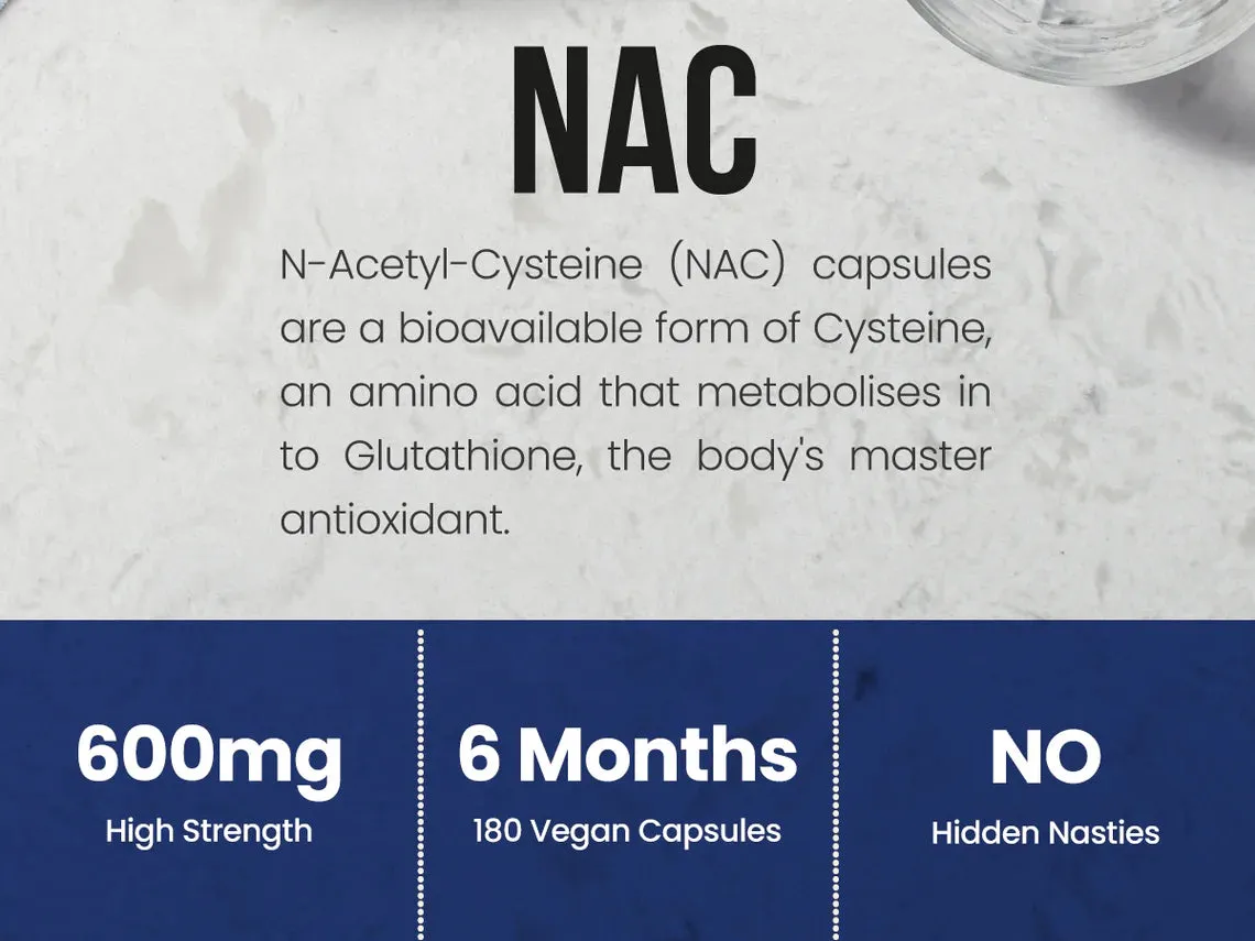 NAC N Acetyl L Cysteine 600mg Capsules Vegan Max Strength x 180