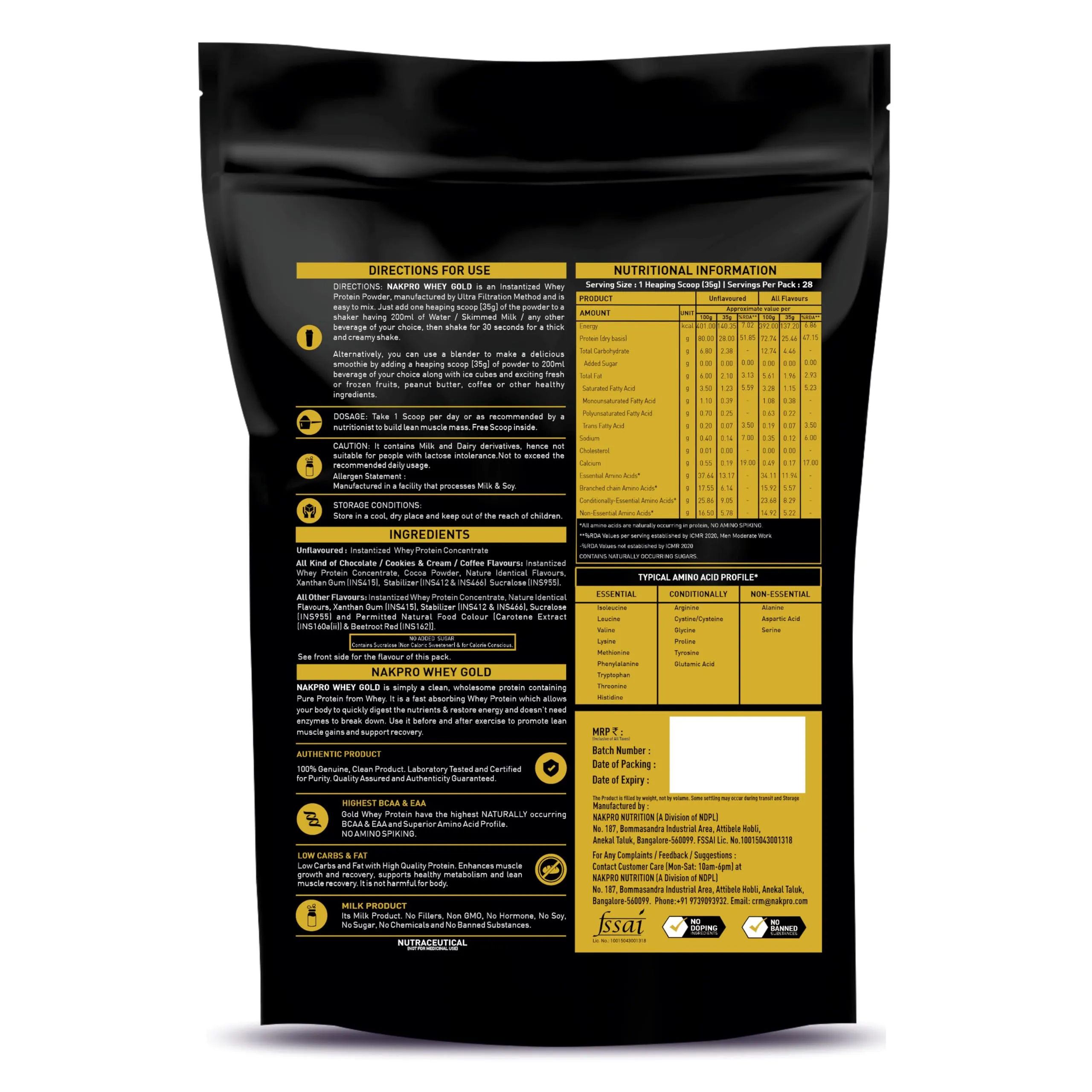 NAKPRO GOLD Whey Protein Concentrate 80% (Raw, Pure, asitis, Unflavored USA made) - 1Kg (Pack of 2, 500g Each)