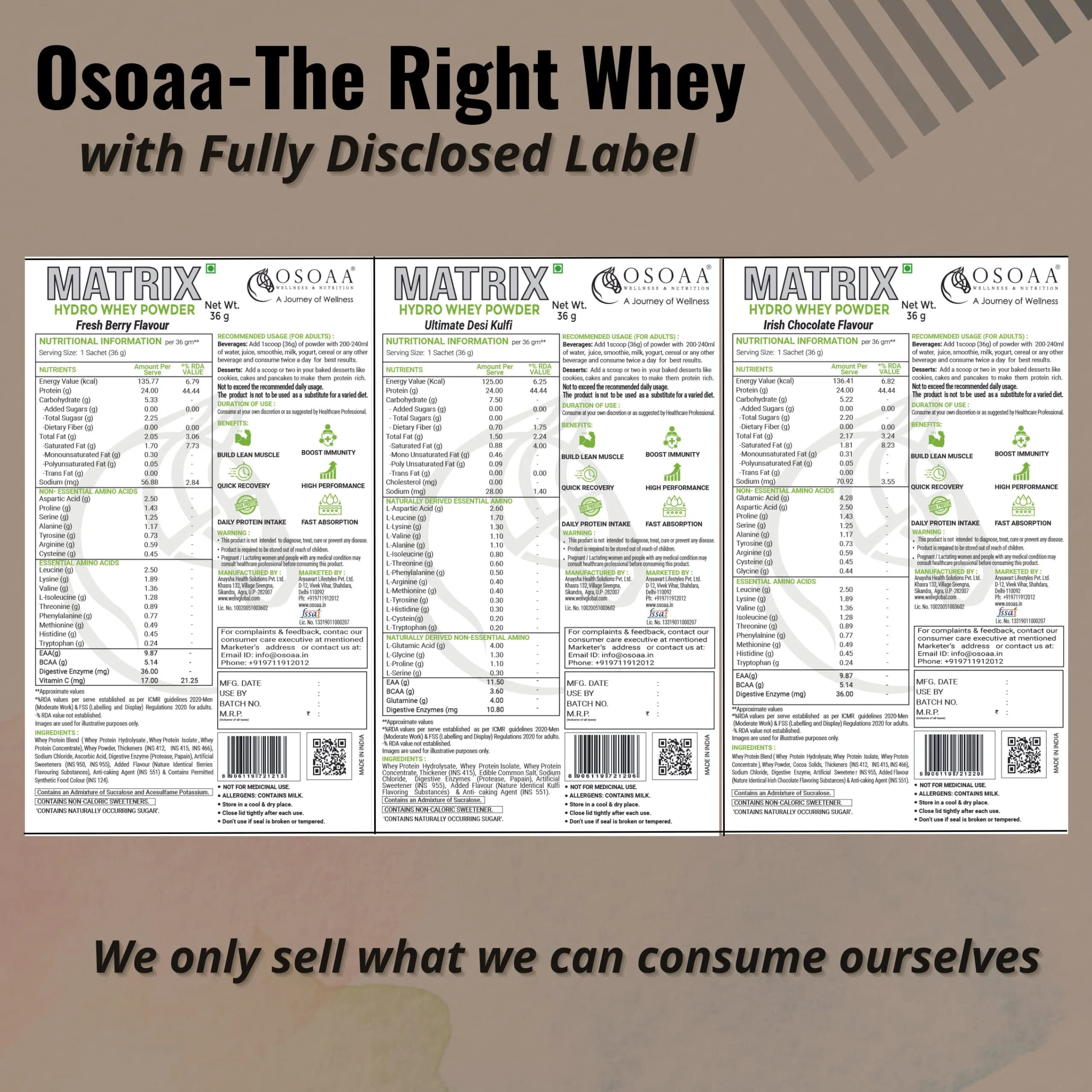 OSOAA Whey Matrix Hydro Whey| 24g Protein - 3 Single Serve Pouches | Weight Management Drink | Soy & Sugar Free| Keto & Diabetic Friendly (Irish Chocolate, Desi Kulfi, Fresh Berry)