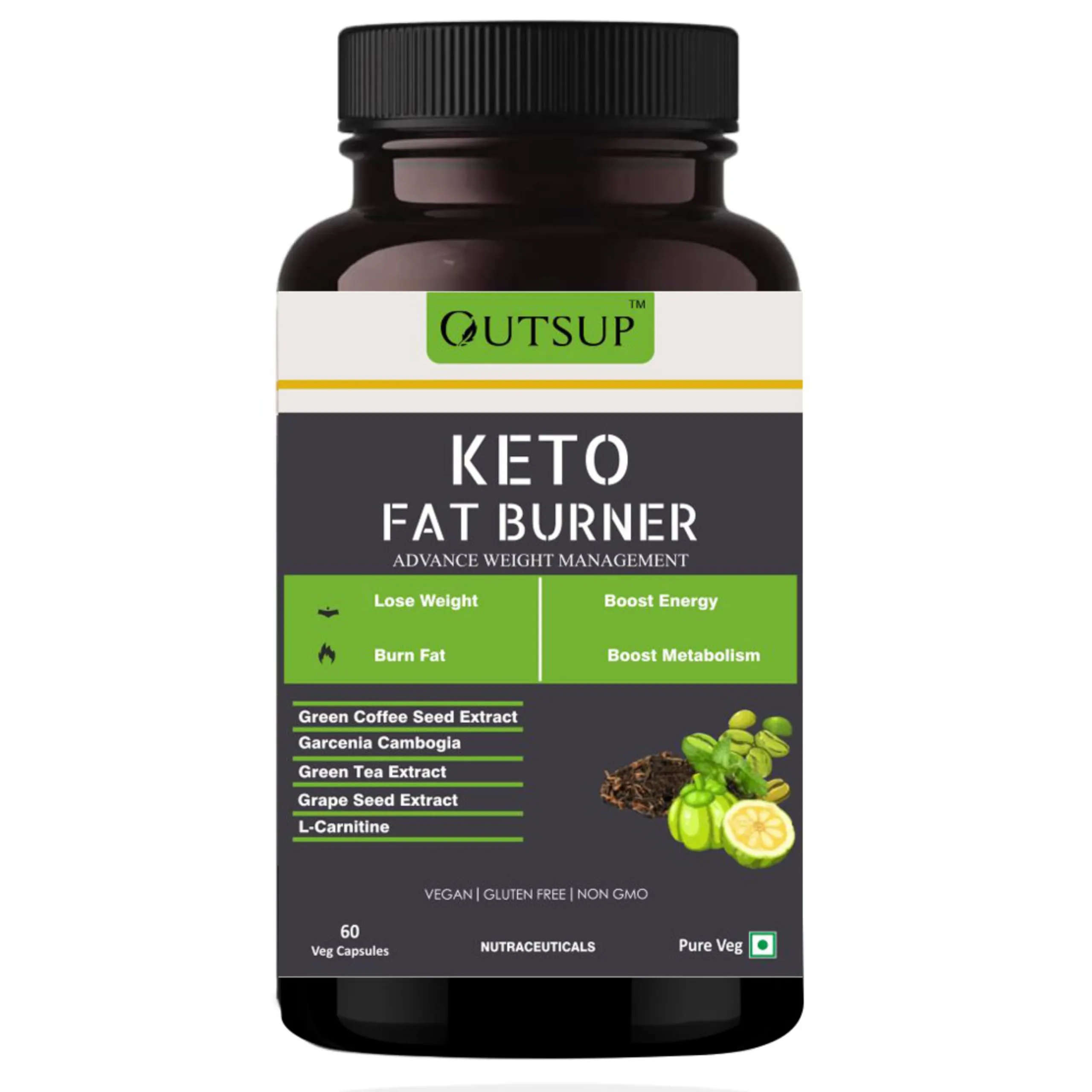 Outsup Keto Fat Burner 60 Capsules 1000MG, Weight Loss Supplement With Garcinia Cambogia, Green Coffee Beans ,Green Tea Extract & L-Carnitine | Metabolism Booster, Fat Burner For Men & Women - (Pack of 1)