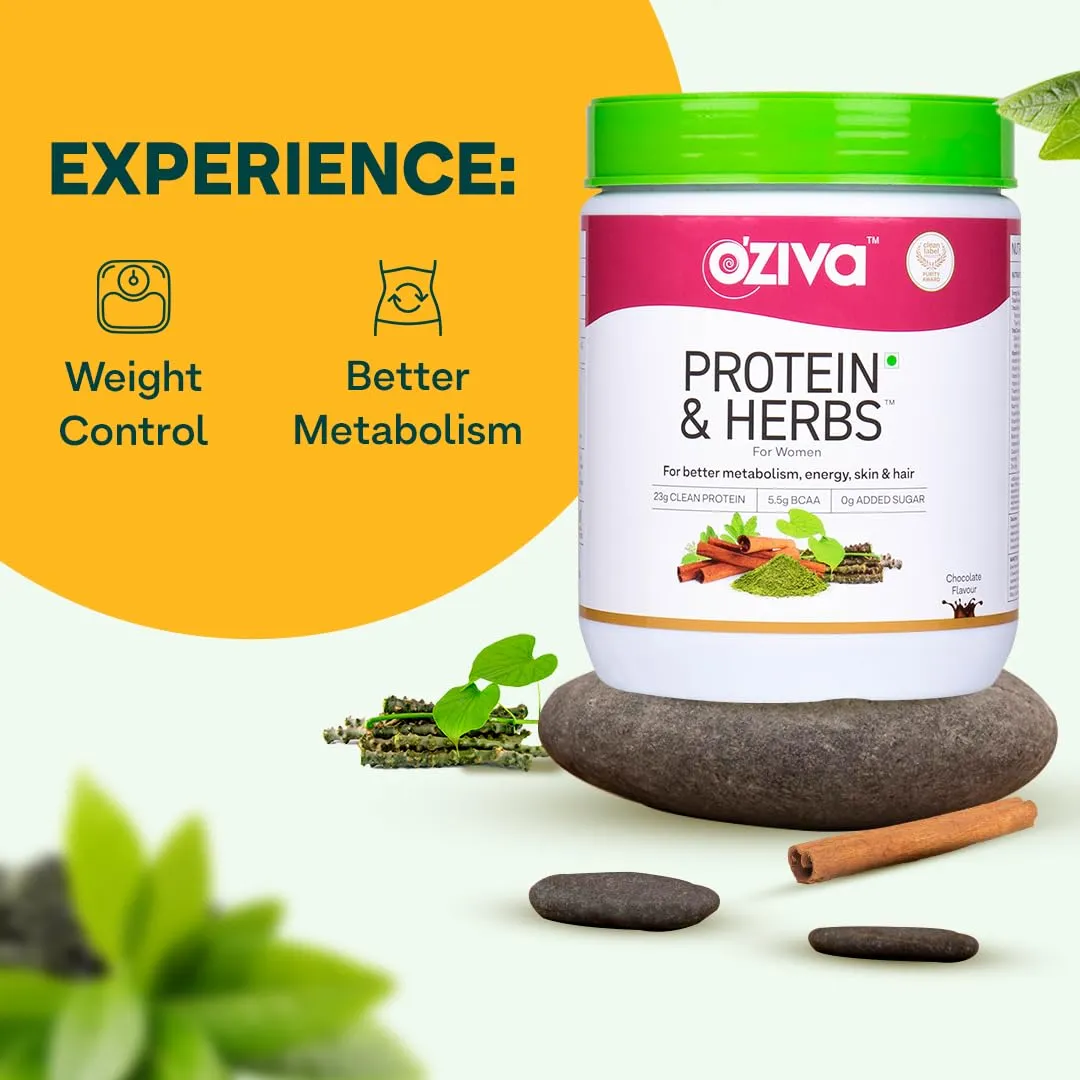 OZiva Protein & Herbs for Women (Chocolate) to Reduce Body Fat, Manage Weight & Metabolism | Protein Powder for Women with 23g Whey Protein, No Added Sugar, Certified Clean 500gm