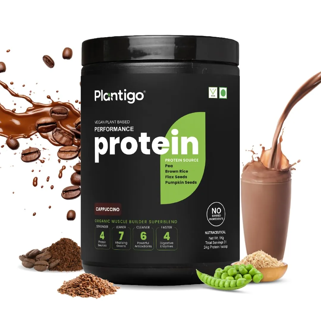 Plantigo Clean Plant Protein Powder | No Preservatives, No Banned Substances |Super Protein Blend- Pea, Brown Rice, Flax | Vegan Protein - Men, Women (Cappuccino - Original Bitter Coffee Taste - 1 Kg)