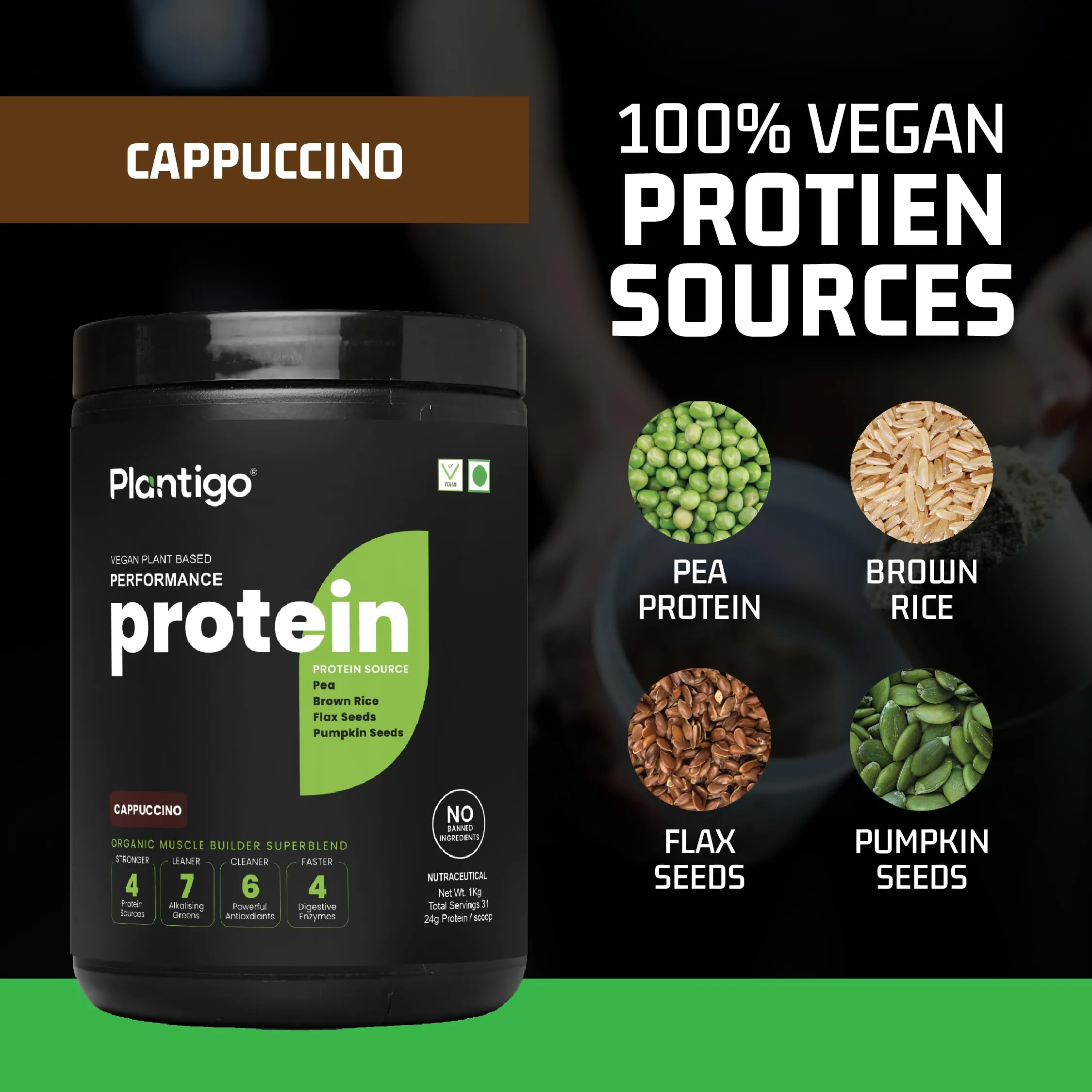 Plantigo Clean Plant Protein Powder | No Preservatives, No Banned Substances |Super Protein Blend- Pea, Brown Rice, Flax | Vegan Protein - Men, Women (Cappuccino - Original Bitter Coffee Taste - 1 Kg)