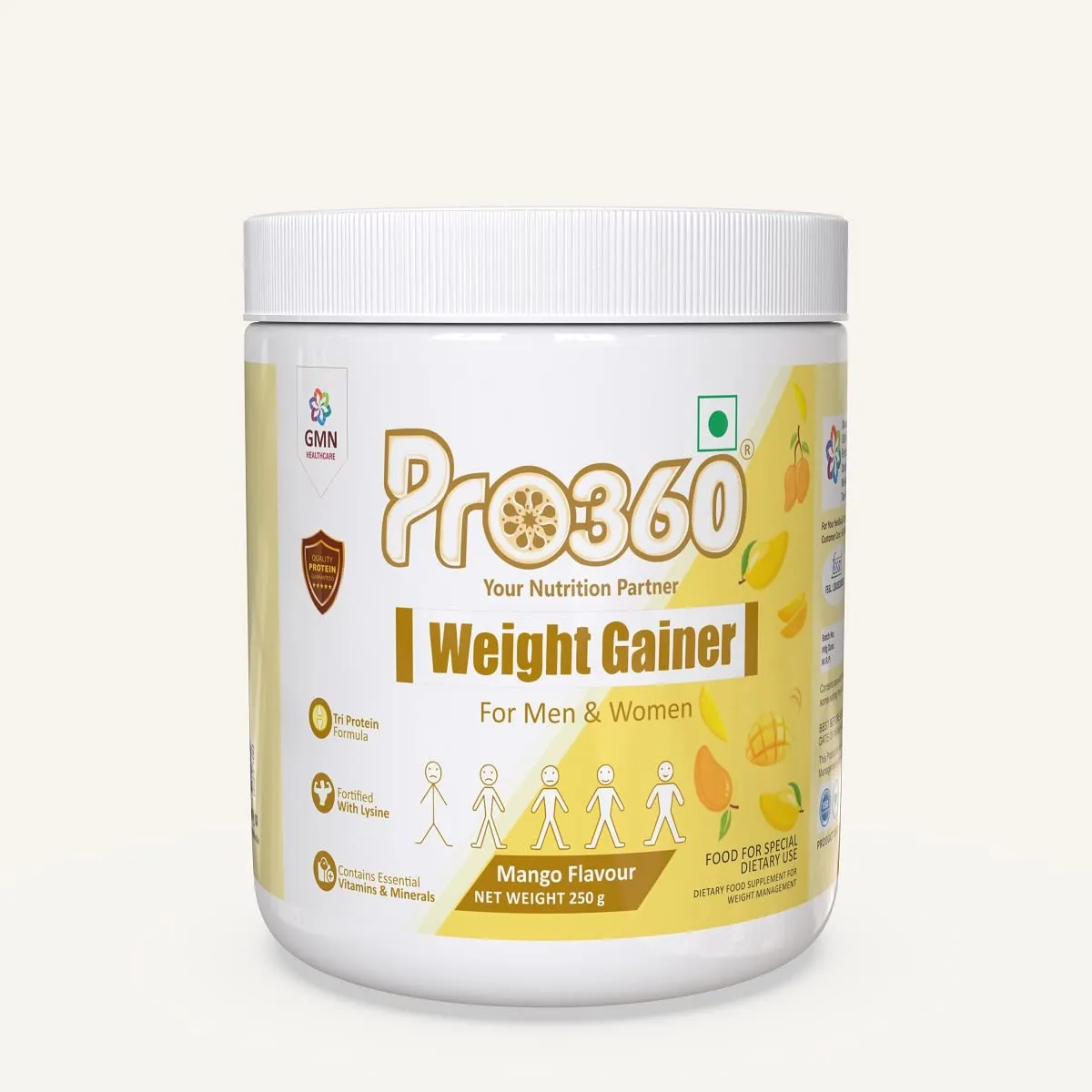 Pro360 Weight Gainer High Protein Powder - Calorie Rich Complete Nutritional Supplement - Triple Protein Source with 25 Vital Nutrients for Men & Women - 250G (Mango)