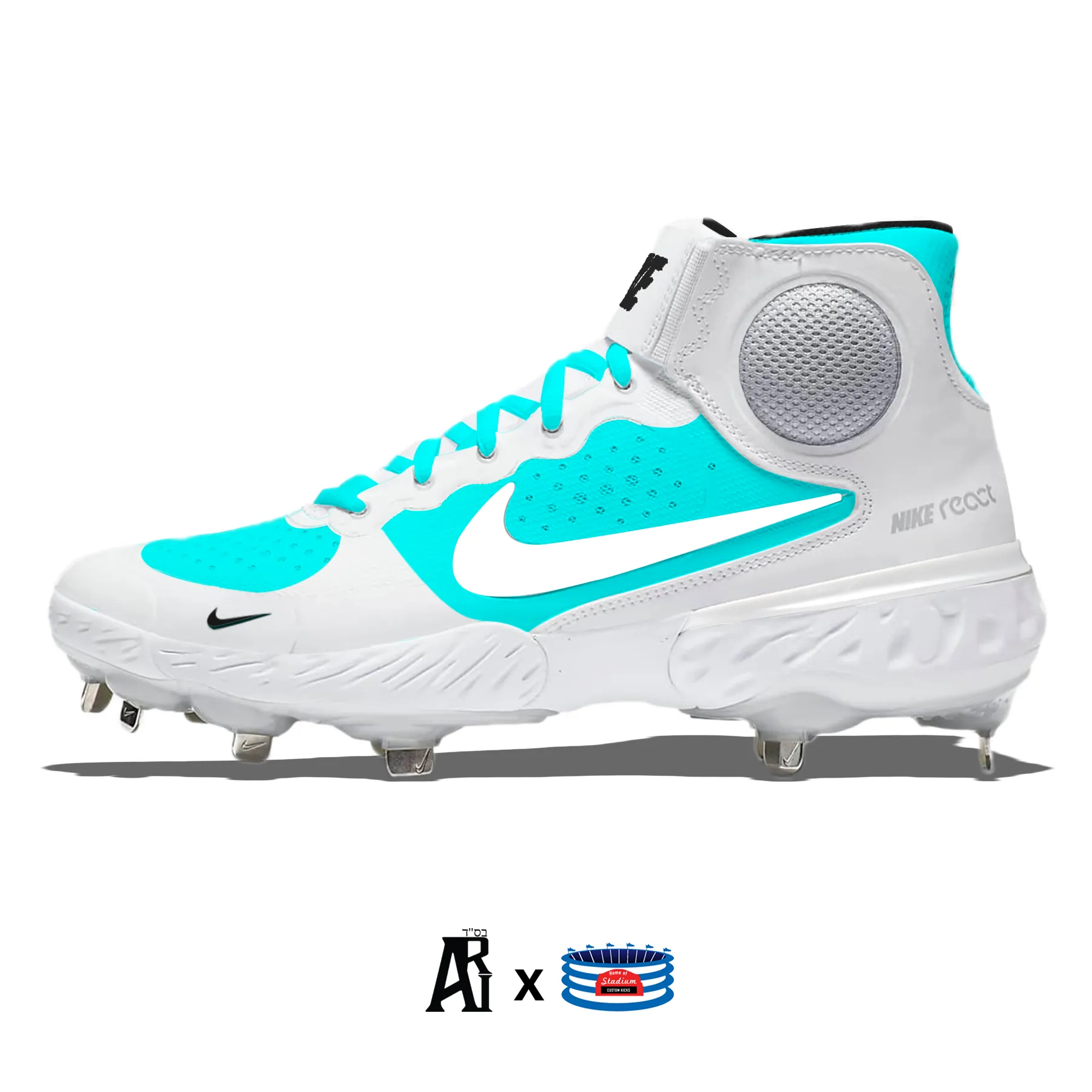 "Retro Teal & White" Nike Alpha Huarache Elite 3 Mid Cleats by Stadium Custom Kicks