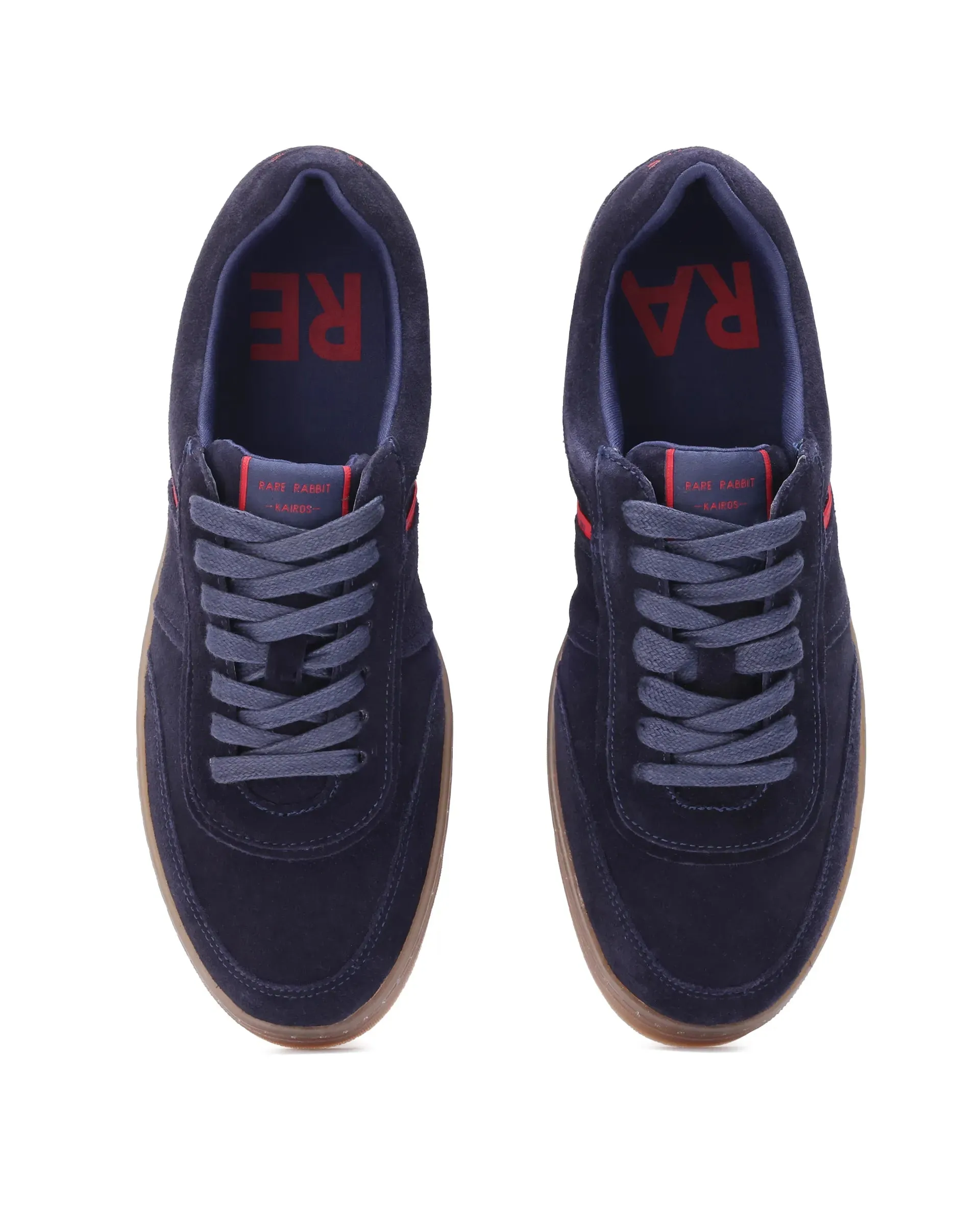 Rare Rabbit Men Kairos Navy Premium Suede Leather Low-Top Lace-Up Sneaker Shoes