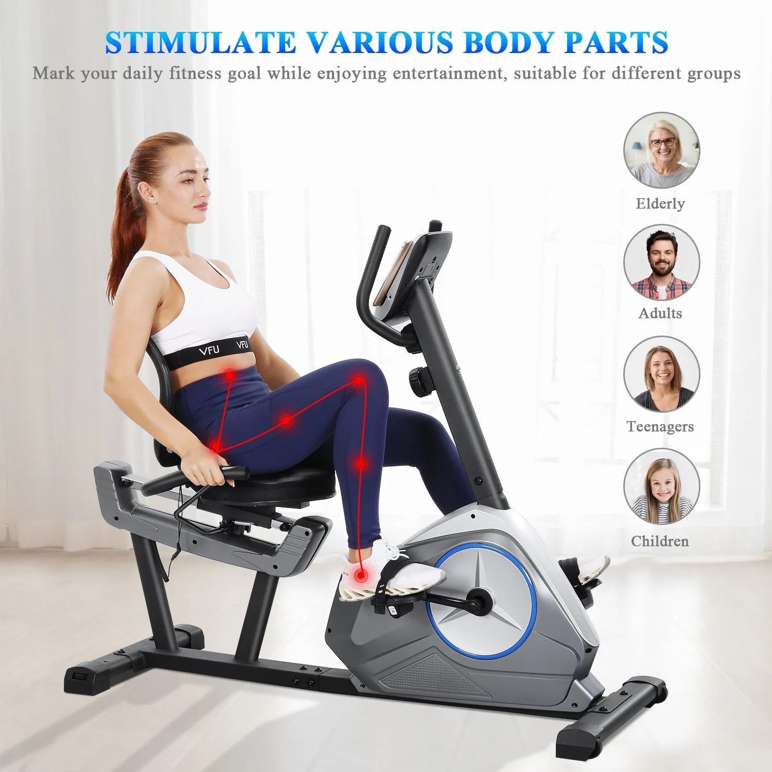 Recumbent Exercise Bike Stationary Magnetic Resistance 8 Levels Adjustable Static Indoor Cycling Bike with Large LCD Monitor & Ipad Holder for All Ages