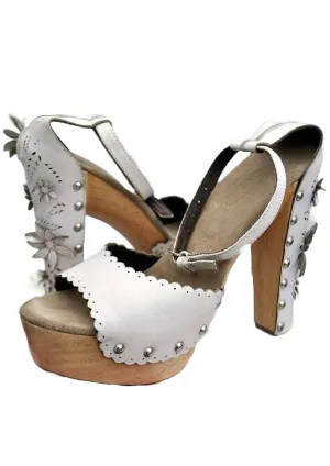 Retro 40s style High Heel Clog White Cutwork Leather Sandals Shoes • size UK5 by Schuh