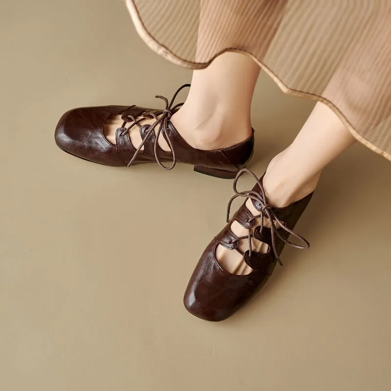 Retro Lace Up Sheepskin Shoes For Women Square Toe Flats in Black/Coffee