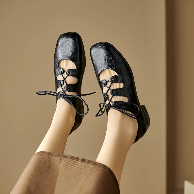 Retro Lace Up Sheepskin Shoes For Women Square Toe Flats in Black/Coffee