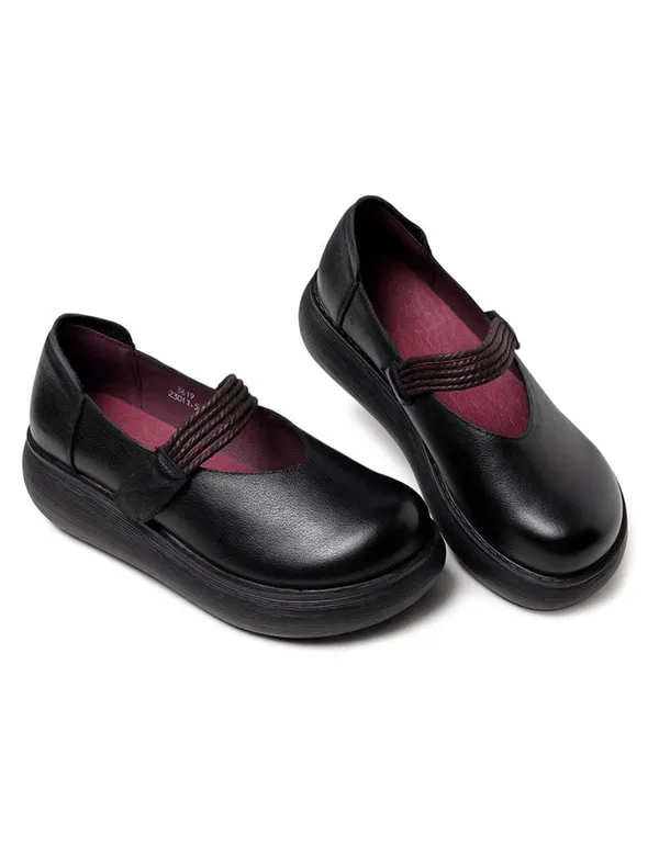 Retro Leather Handmade Round Head Wedge Shoes