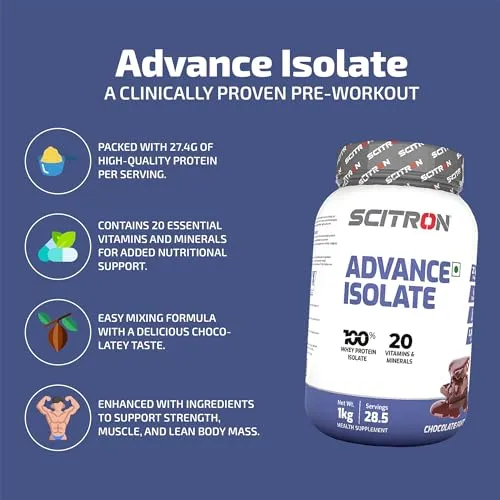 Scitron Advance Whey Protein Isolate 1Kg - Chocolate Fantasy (28.5 Servings | 27.4g Protein per Serving | 20 Essential Vitamins and Minerals | Easy-Mix Formula)