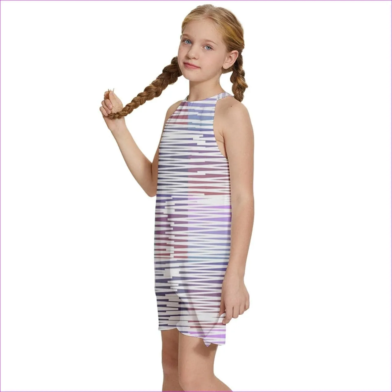 Scribbled Kids Girls Halter Collar Waist Tie Chiffon Dress