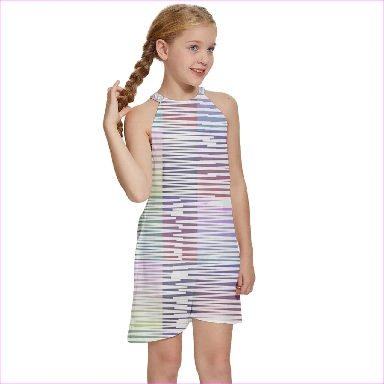 Scribbled Kids Girls Halter Collar Waist Tie Chiffon Dress