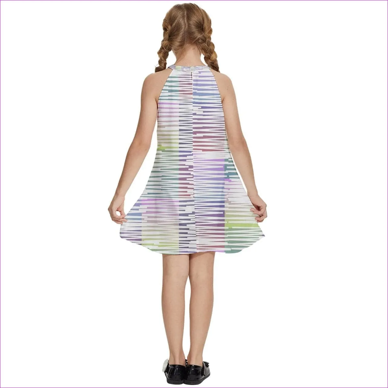 Scribbled Kids Girls Halter Collar Waist Tie Chiffon Dress