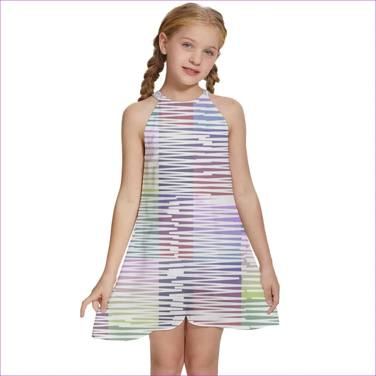 Scribbled Kids Girls Halter Collar Waist Tie Chiffon Dress