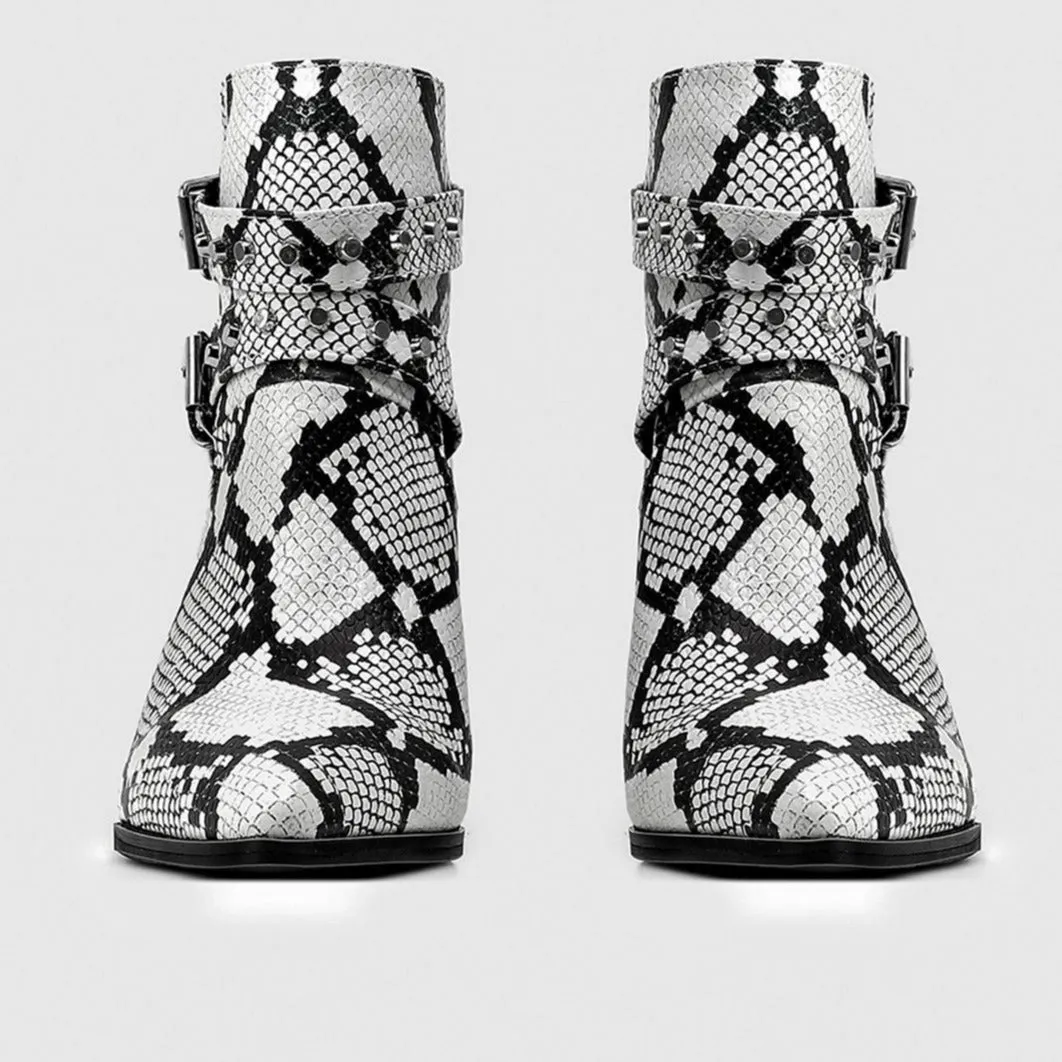 Snake Print Belt Buckle Pointed Toe Short Boots