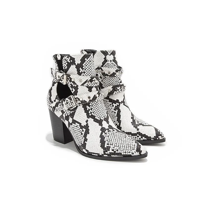 Snake Print Belt Buckle Pointed Toe Short Boots