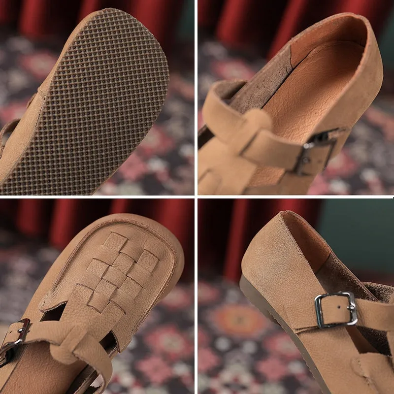 Soft Woven Leather T Strap Mary Jane Shoes Retro Flats in Grey/Khaki