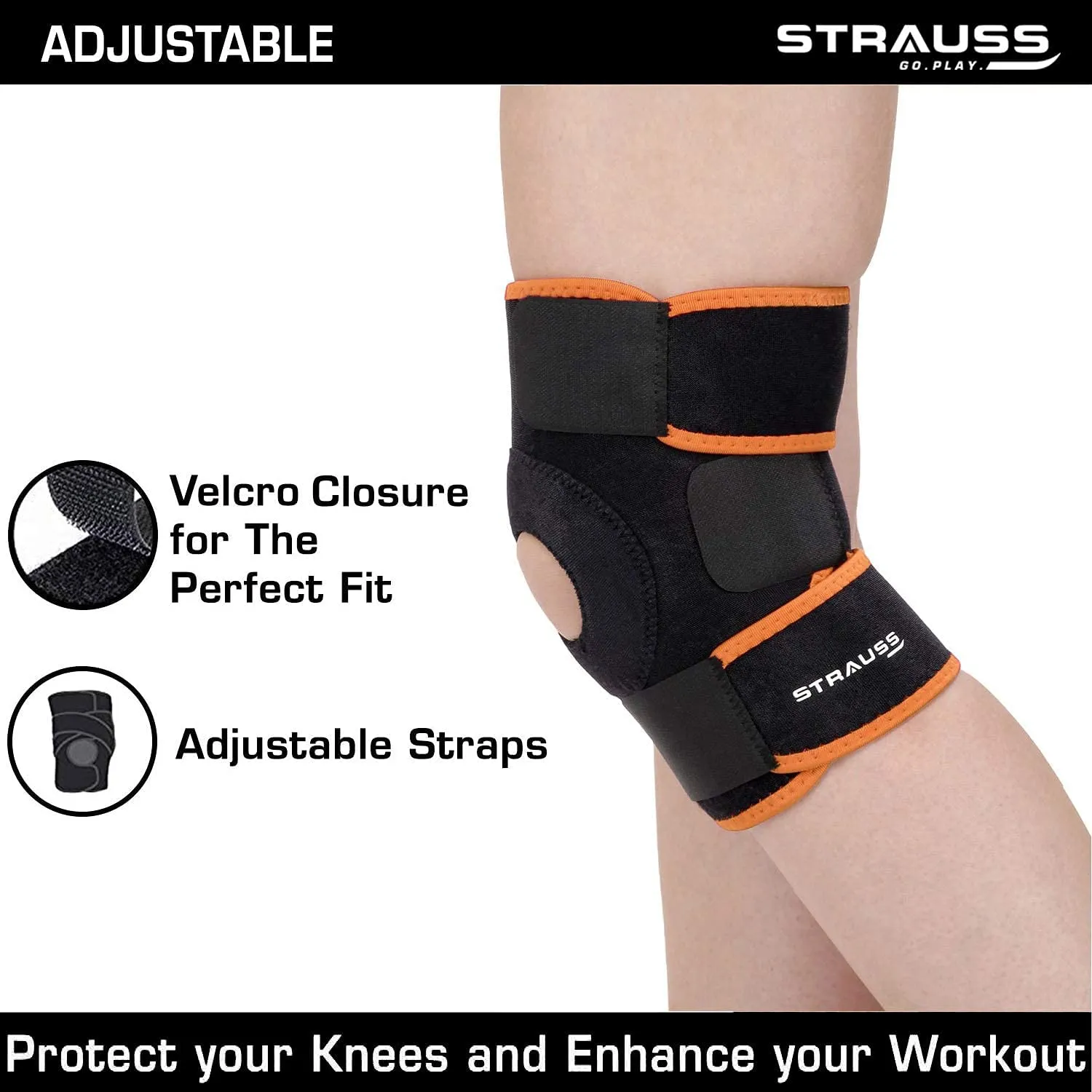 STRAUSS Adjustable Knee Support Patella | Compression Knee Brace for Men and Women, Breathable Material for Gym, Fitness, Basketball, Injury Recovery, Running, Sports| Single,(Black/Orange)